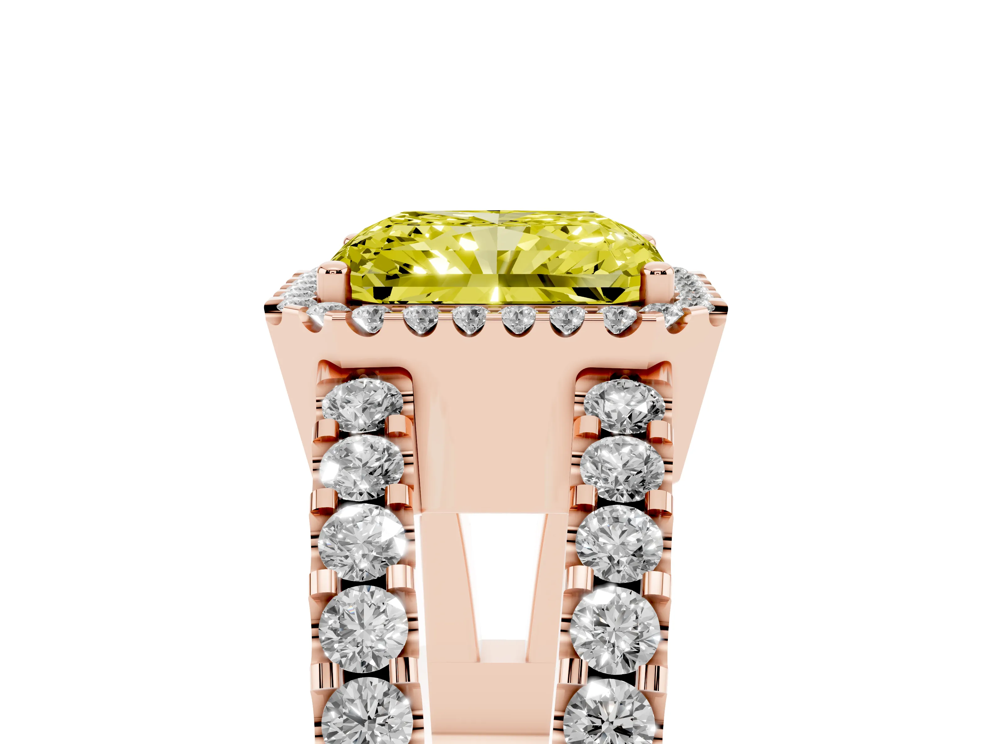 Fancy Yellow Radiant Cut Diamond Halo Ring Set in Rose gold with Pavé Split Shank and Prong Setting