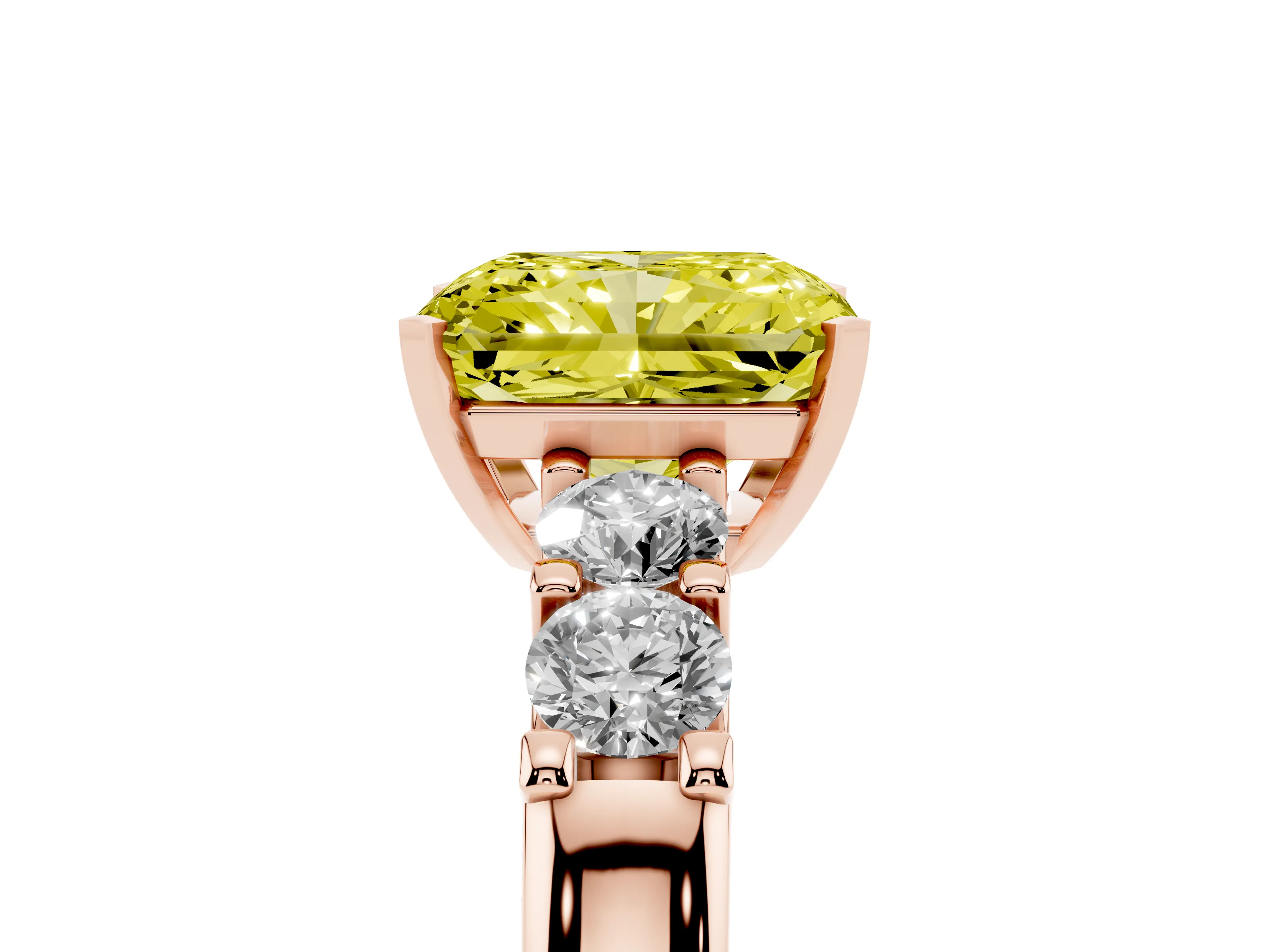 Fancy Yellow Radiant Cut Diamond Five-Stone Prong Set Engagement Ring Set in Rose gold with Channel Band