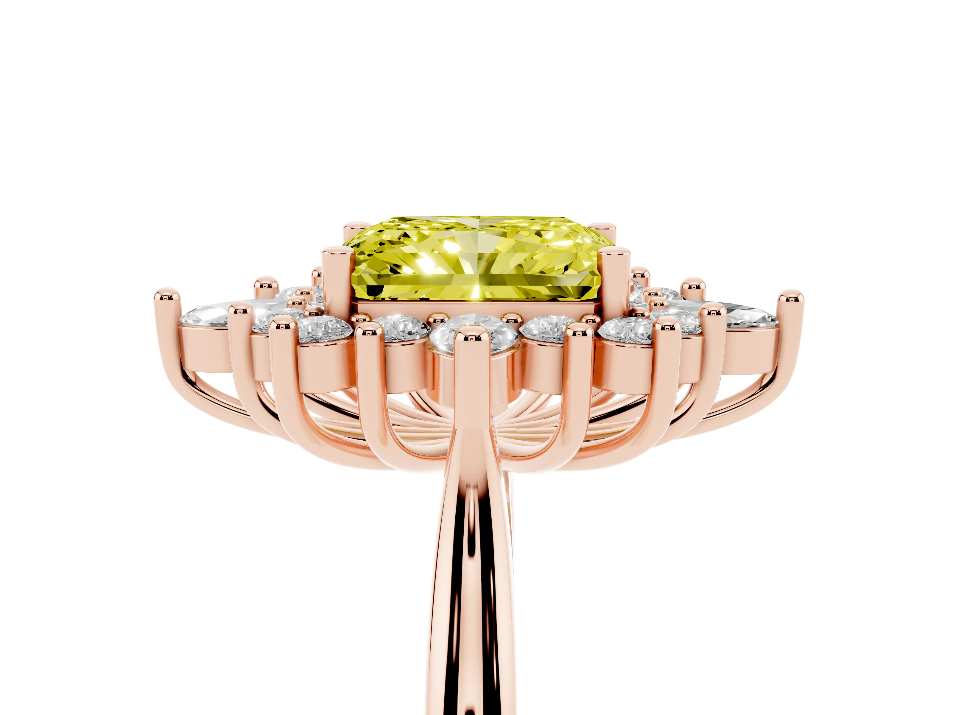 Fancy Yellow Radiant Cut Diamond Cluster Halo Ring Set in Rose gold with Marquise and Round Accents