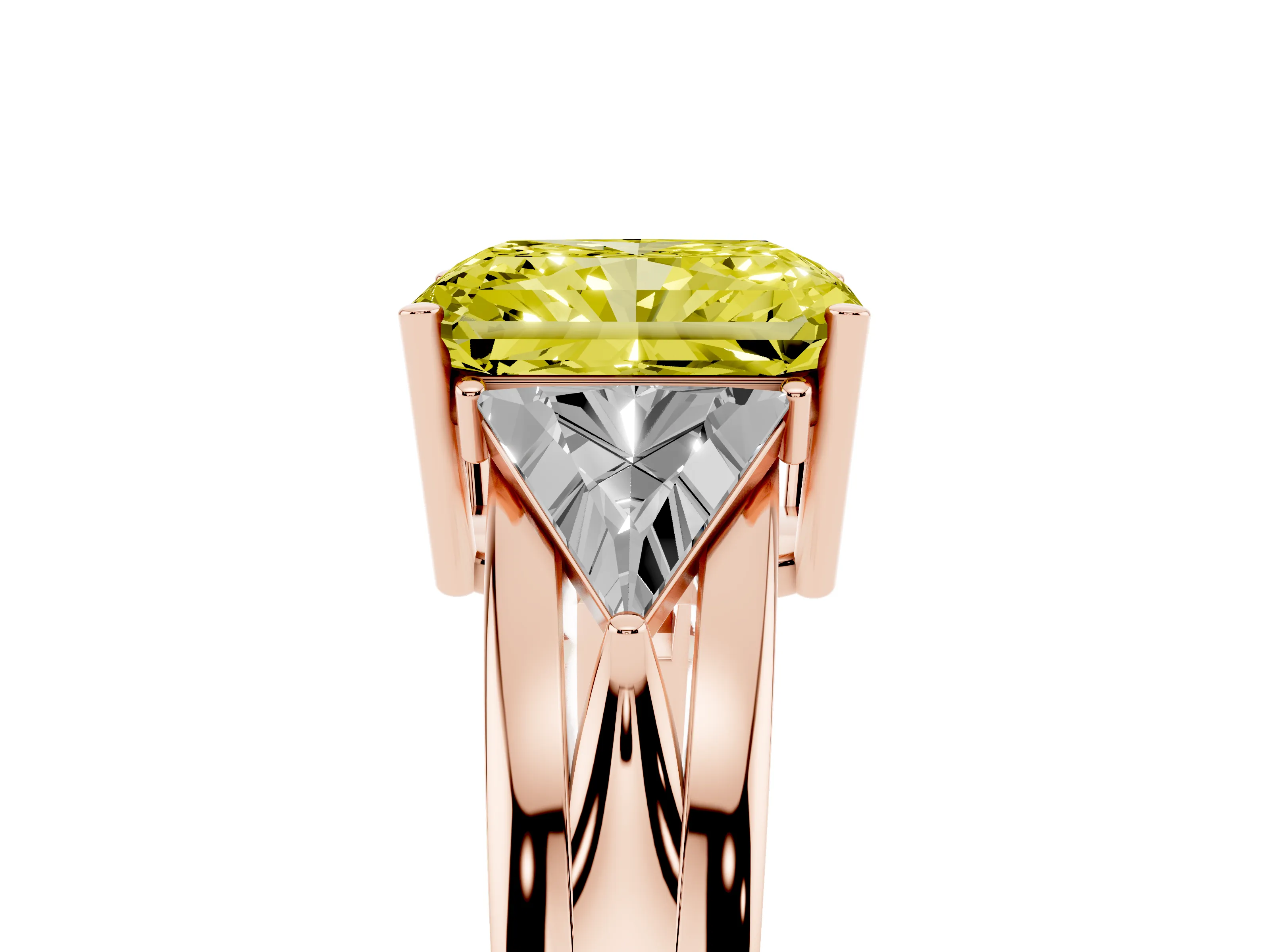 Fancy Yellow Radiant Cut Diamond Three-Stone Ring Set in Rose gold with Trillion Side Stones and Split Shank