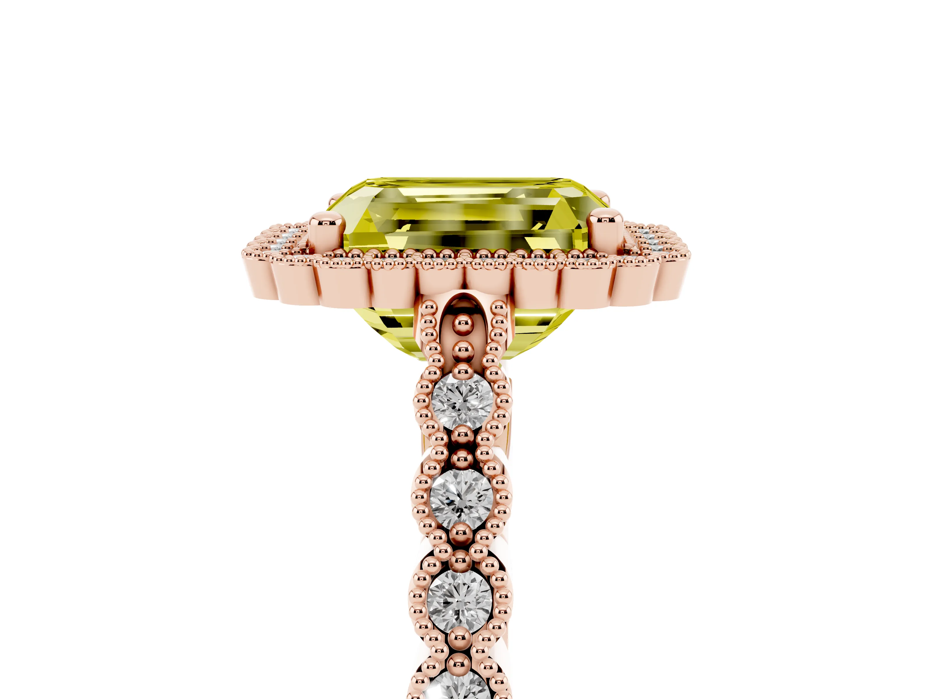 Fancy Yellow Radiant Cut Diamond Halo Ring Set in Rose gold with Pavé Milgrain Band