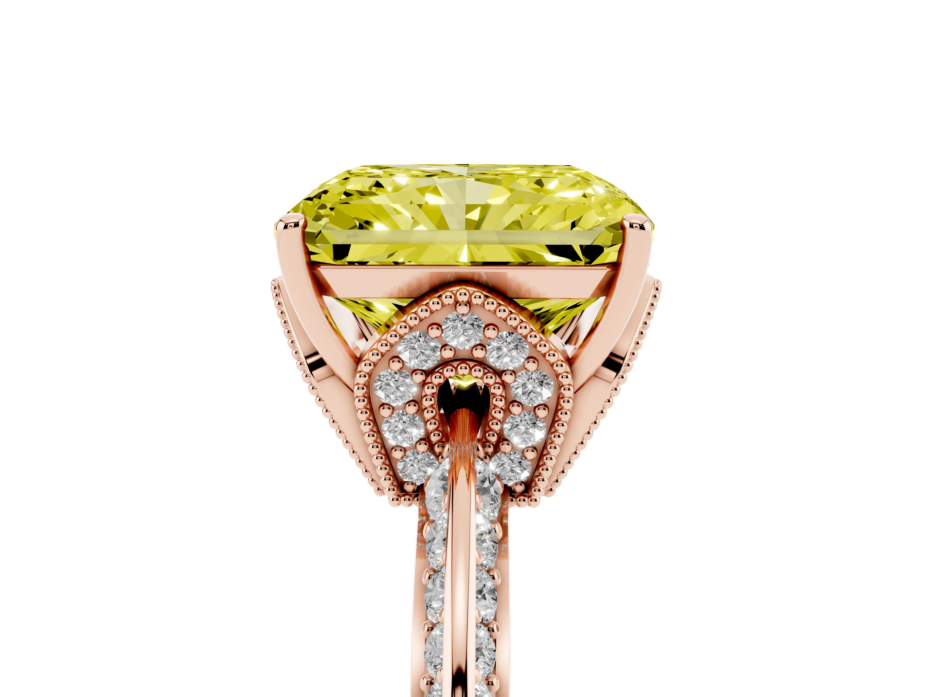 Fancy Yellow Radiant Cut Diamond Solitaire Engagement Ring Set in Rose gold with Pavé Split Shank and Prong Setting