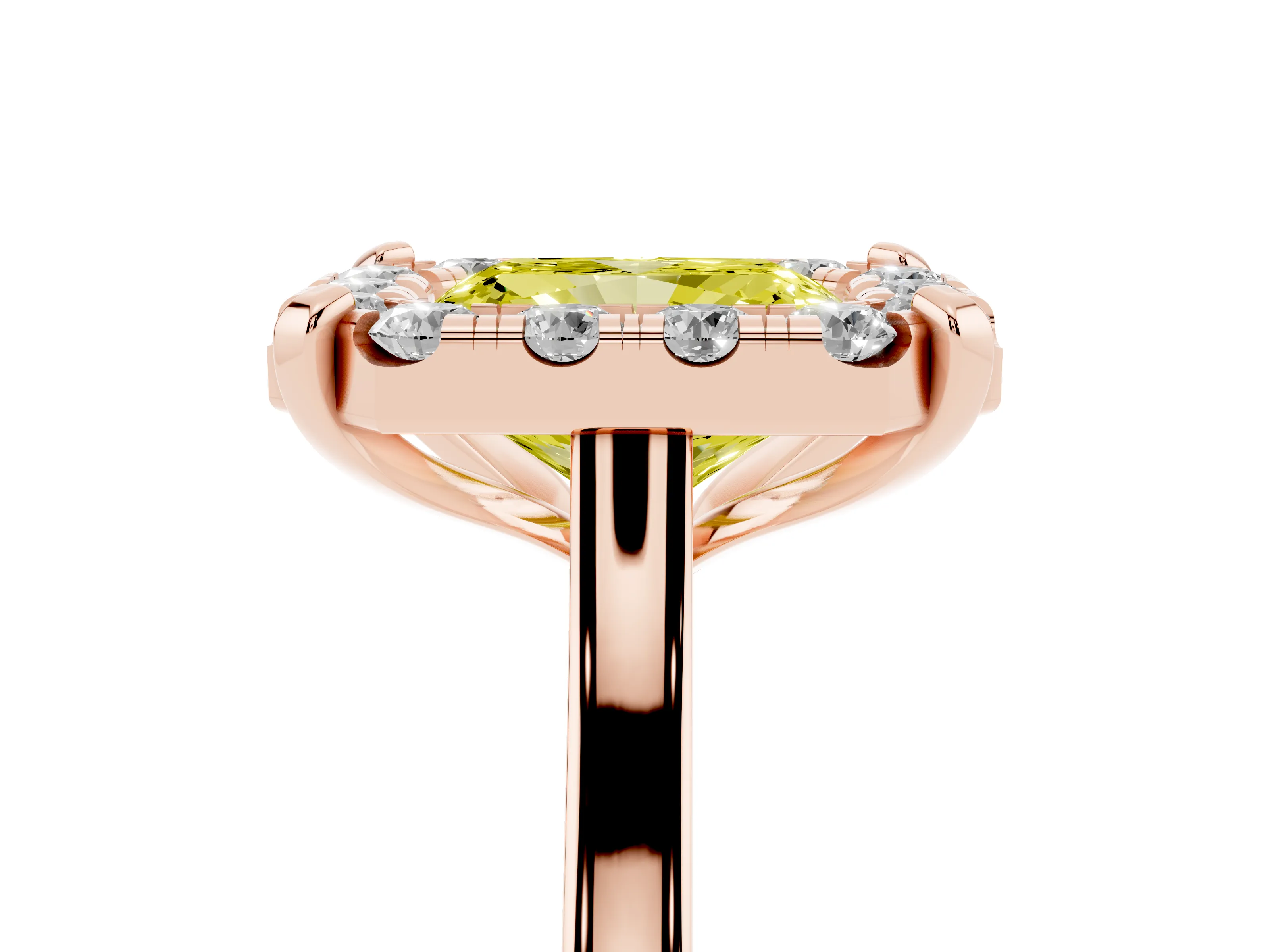 Fancy Yellow Radiant Cut Diamond Cluster Halo Solitaire Ring Set in Rose gold with Prong Setting