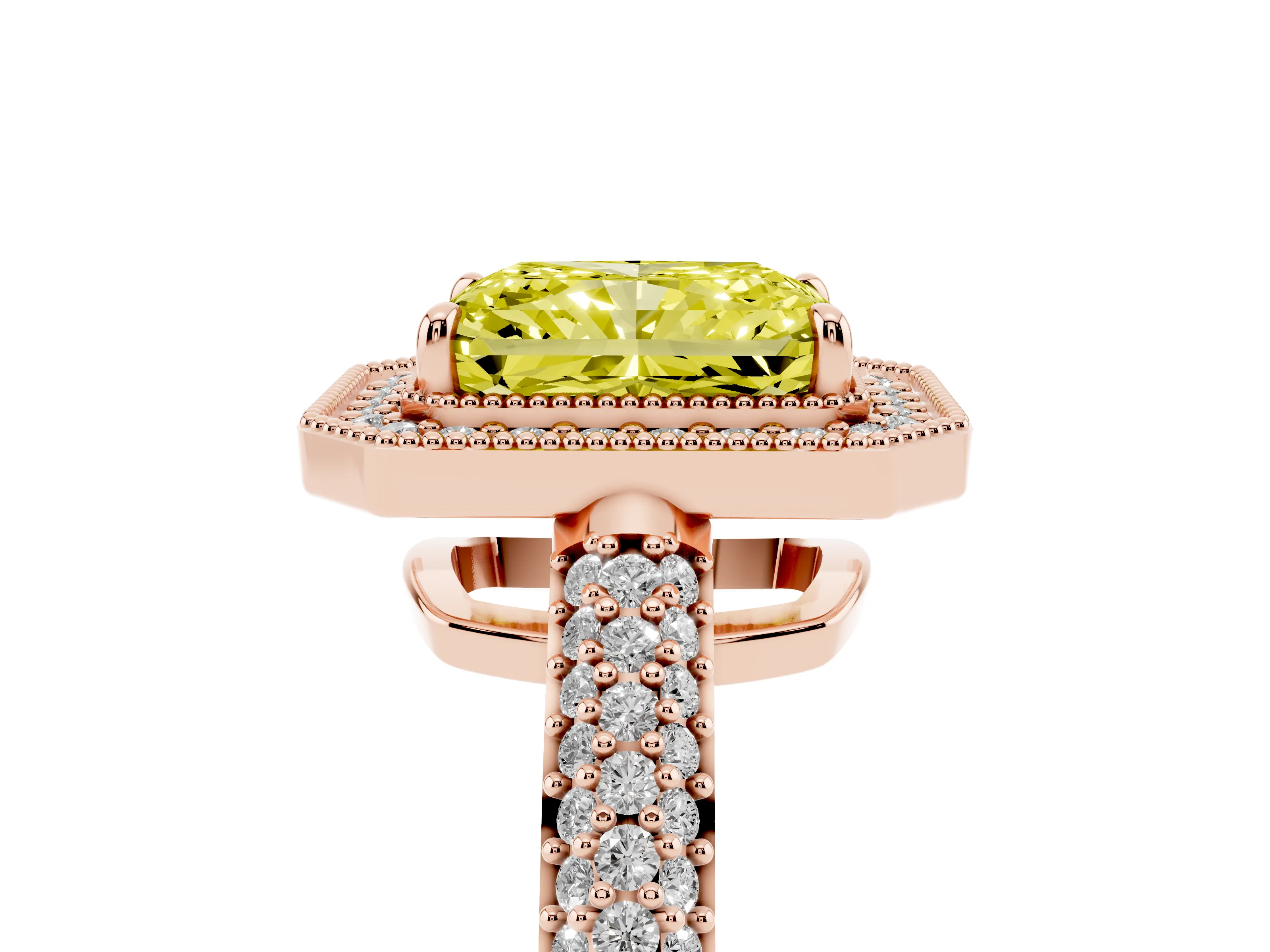 Fancy Yellow Radiant Cut Diamond Halo Pavé Band Set in Rose gold with Prong Setting