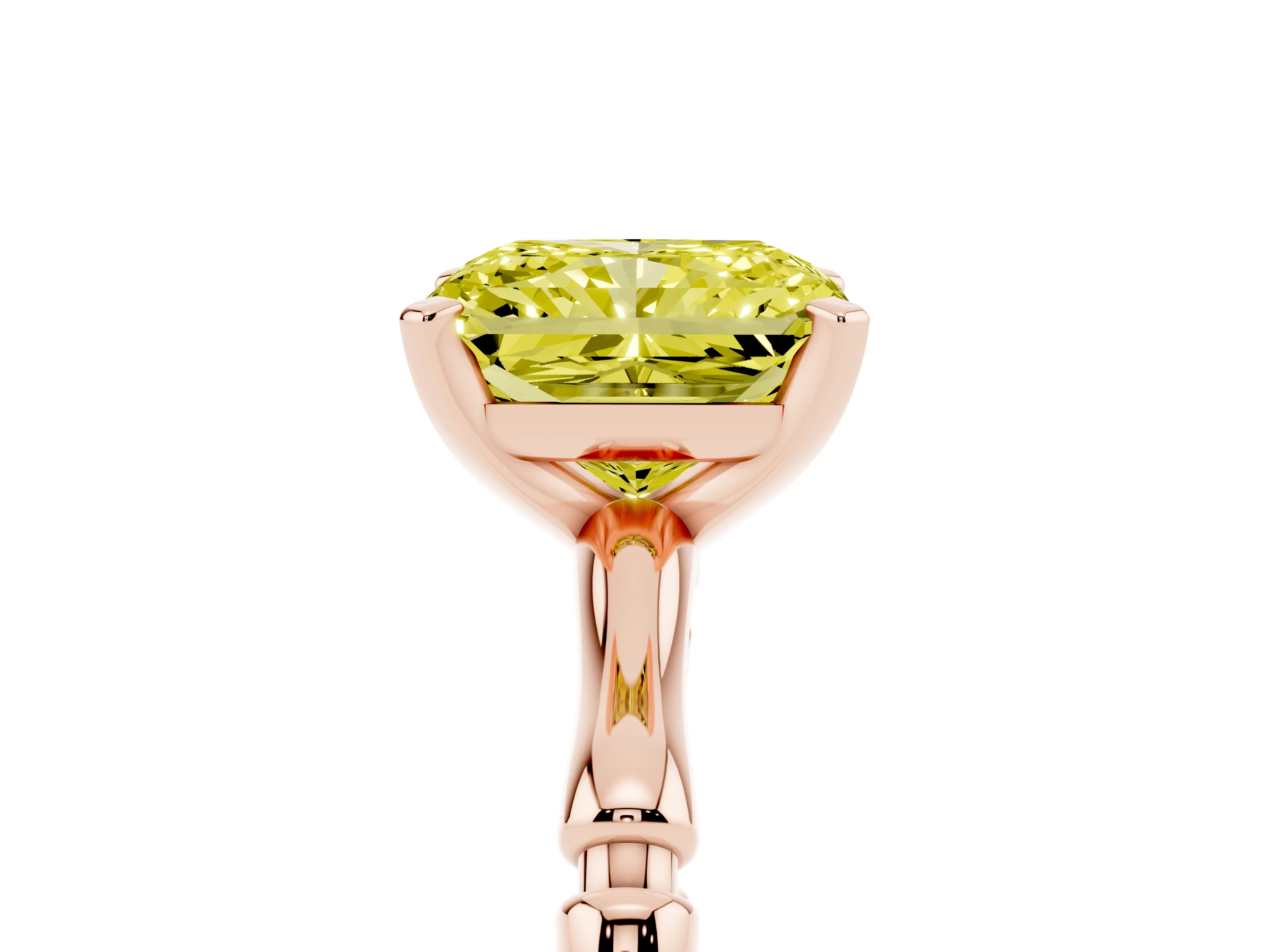 Fancy Yellow Radiant Cut Diamond Solitaire Ring Set in Rose gold with Bamboo Band and Prong Setting