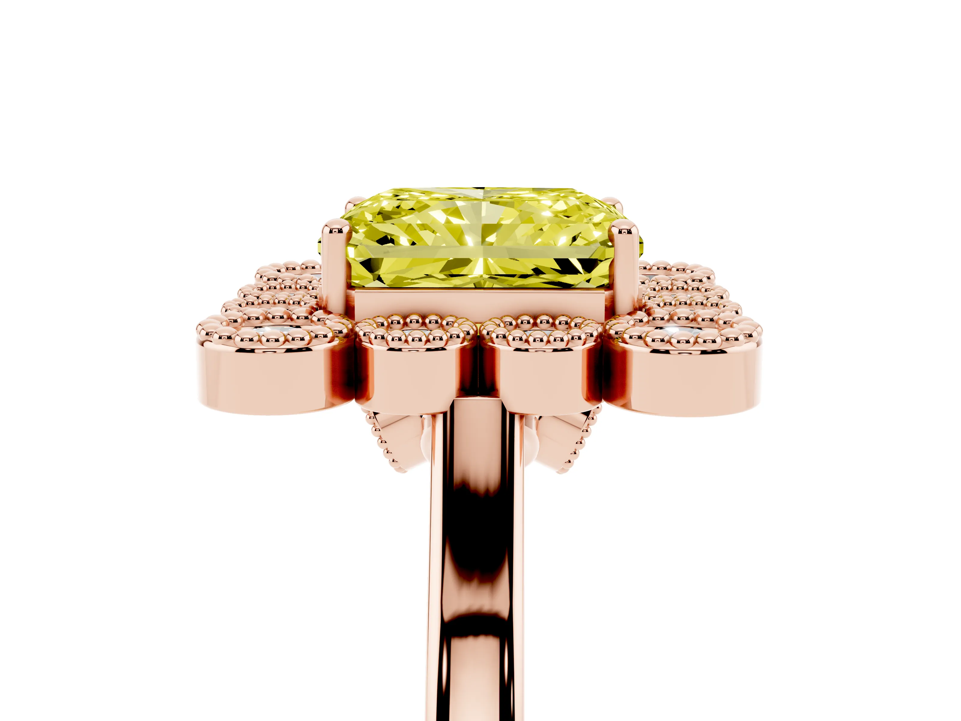 Fancy Yellow Radiant Cut Diamond Cluster Halo Ring Set in Rose gold with Milgrain Bezel Accents and Plain Band