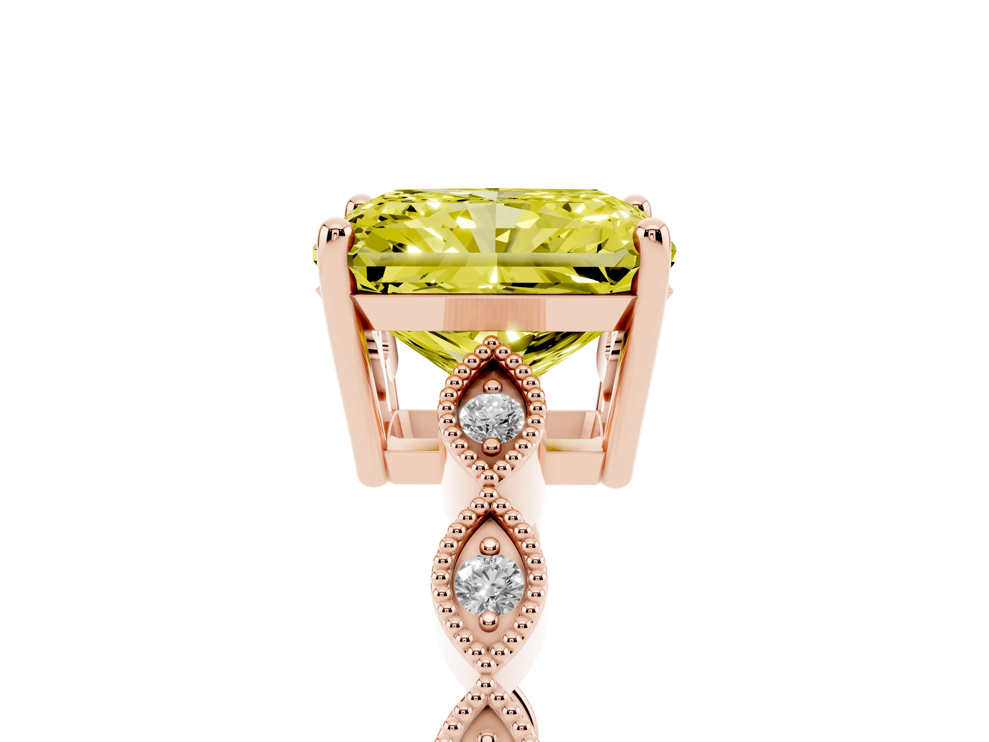 Fancy Yellow Radiant Cut Diamond Solitaire Ring Set in Rose gold with Infinity Twist Pavé Band