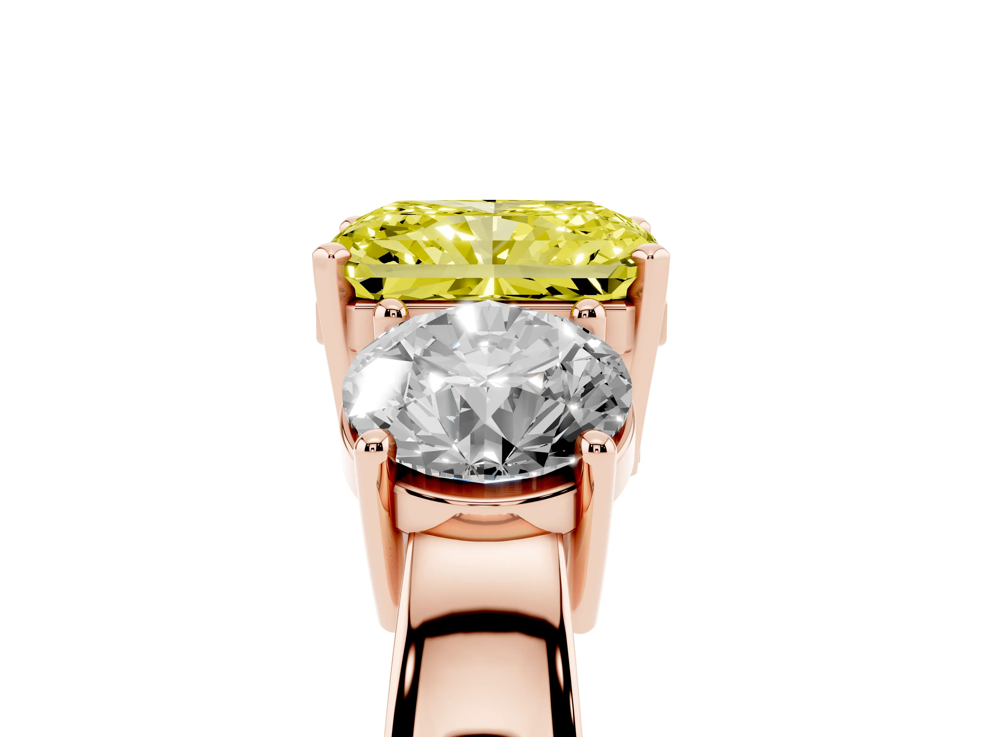 Fancy Yellow Radiant Cut Diamond Three-Stone Ring Set in Rose gold with Round Side Stones and Classic Band
