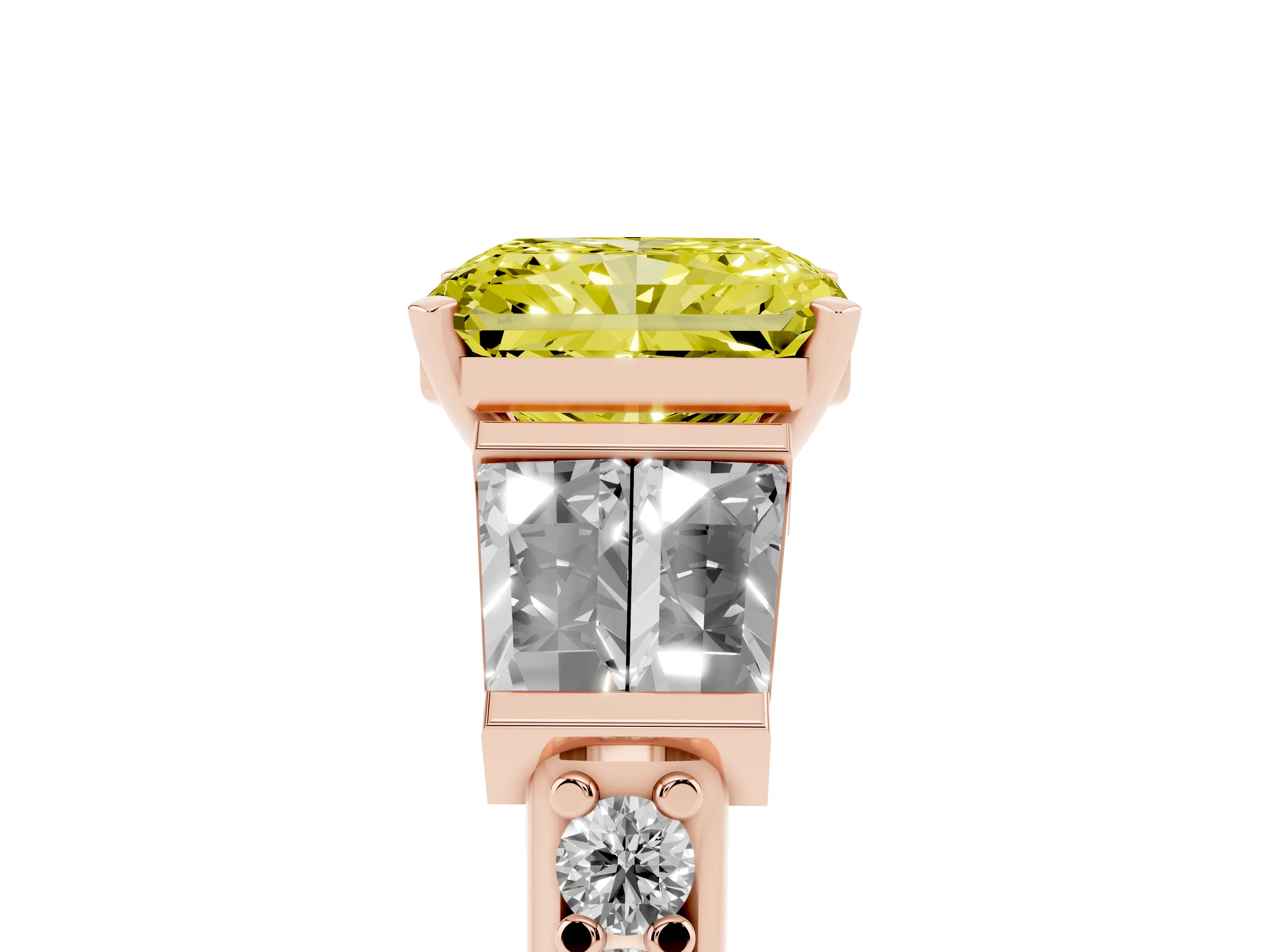 Fancy Yellow Radiant Cut Diamond Engagement Ring Set in Rose gold with Baguette Side Stones and Channel Set Band