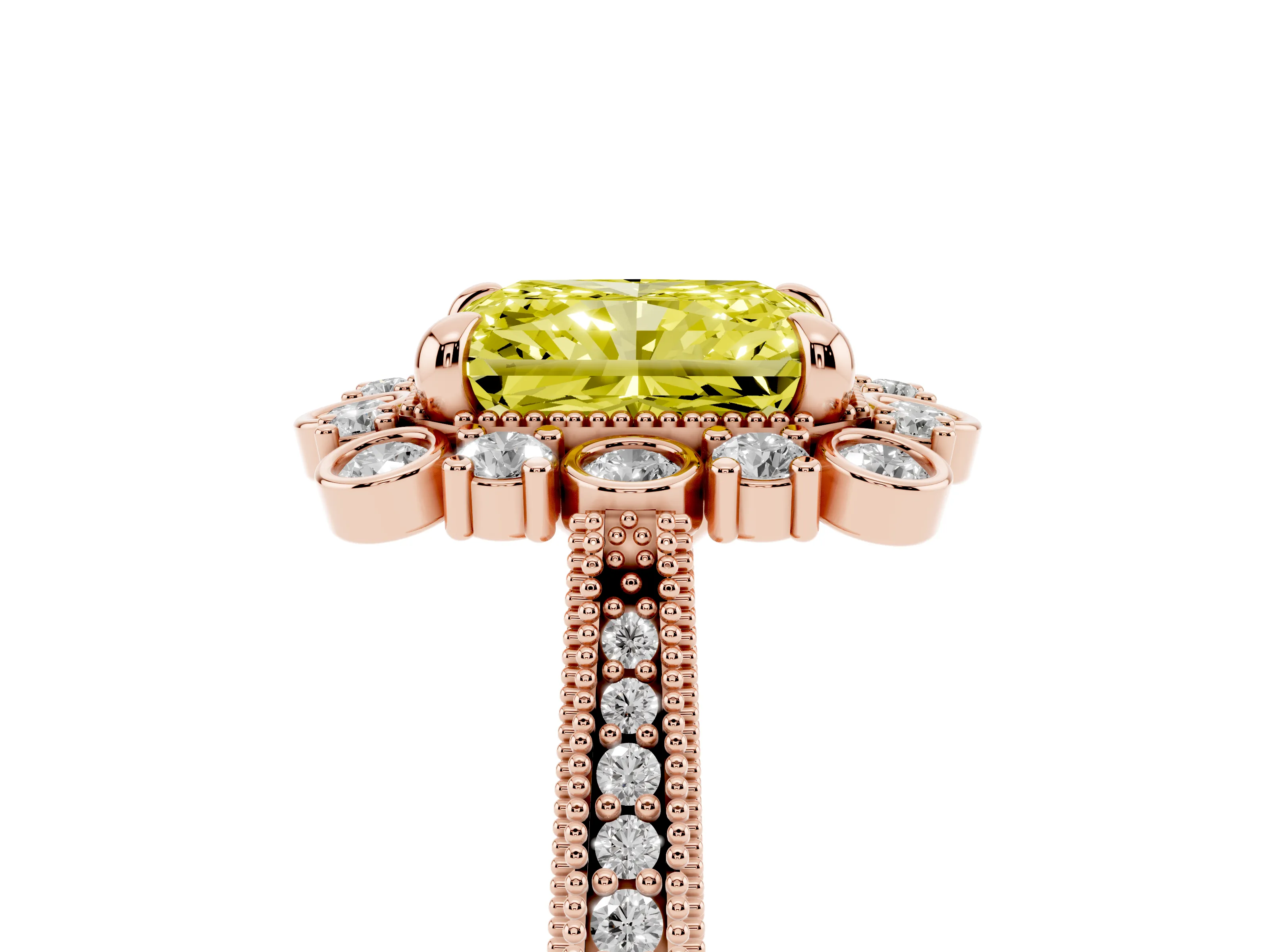 Fancy Yellow Radiant Cut Diamond Halo Milgrain Pavé Ring Set in Rose gold with Prong Setting