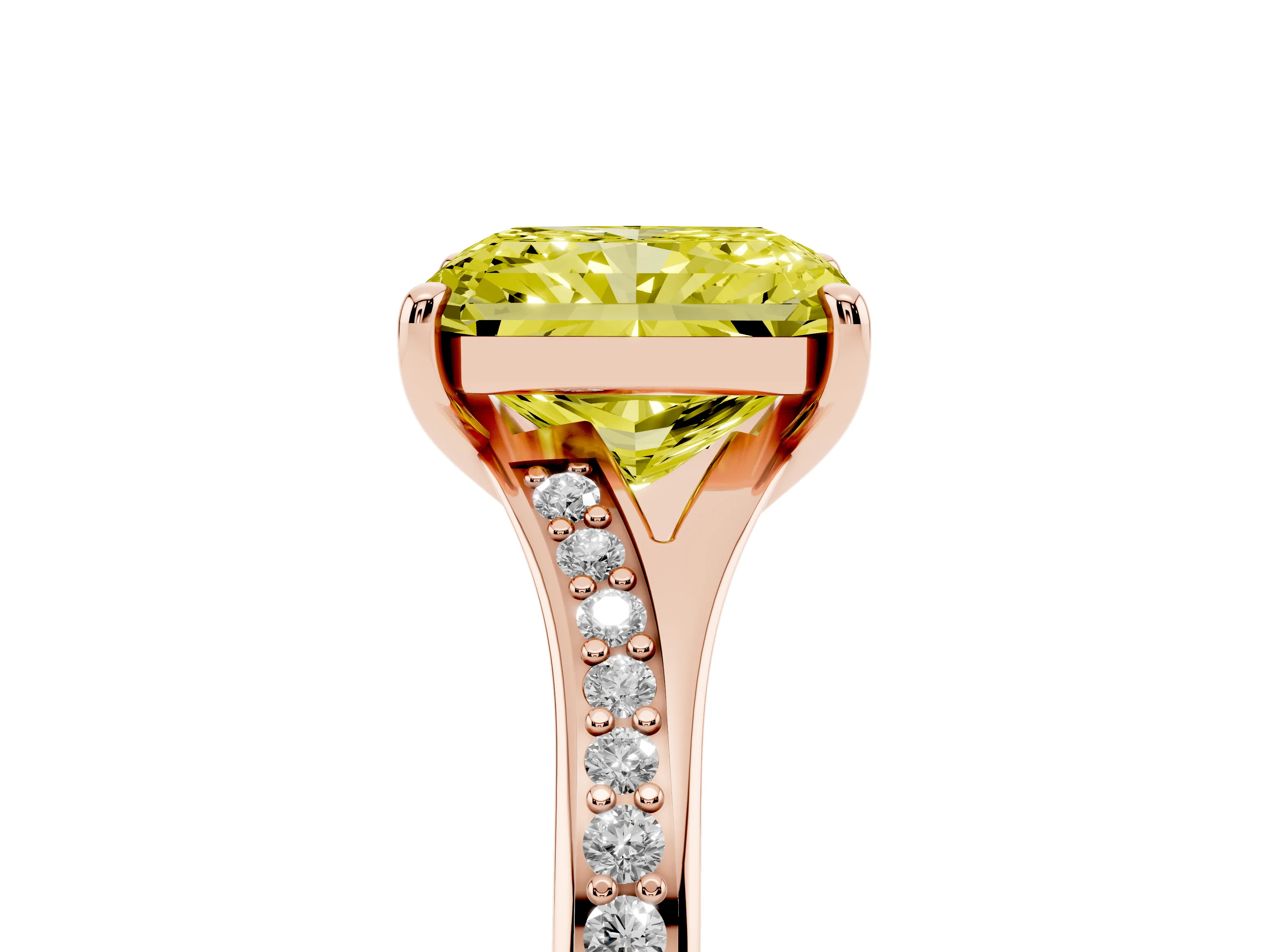Fancy Yellow Radiant Cut Diamond Solitaire Ring Set in Rose gold with Pavé Accent Band and Classic Prong Setting