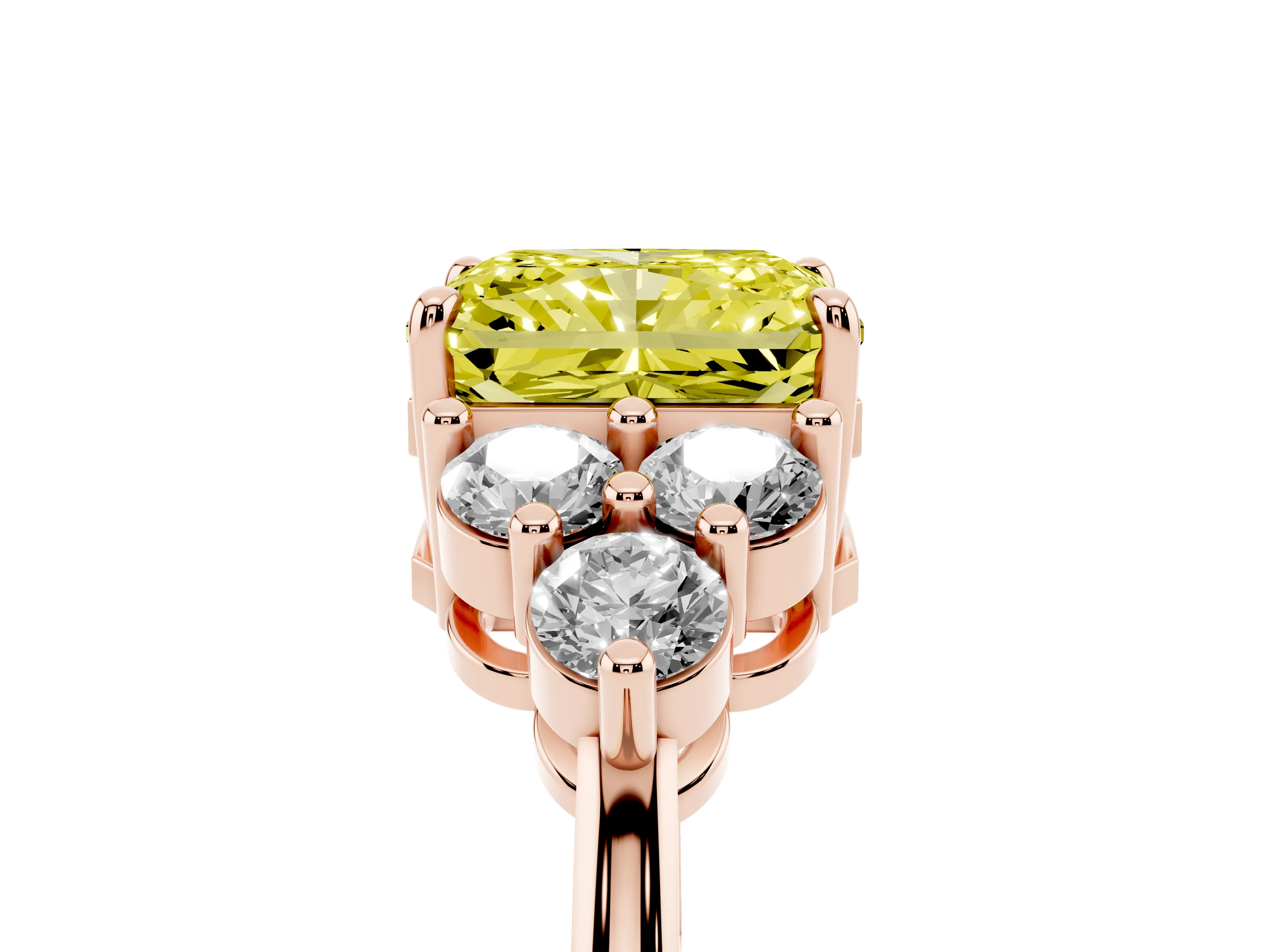 Fancy Yellow Radiant Cut Diamond Solitaire Ring Set in Rose gold with Cluster Accents on Each Side
