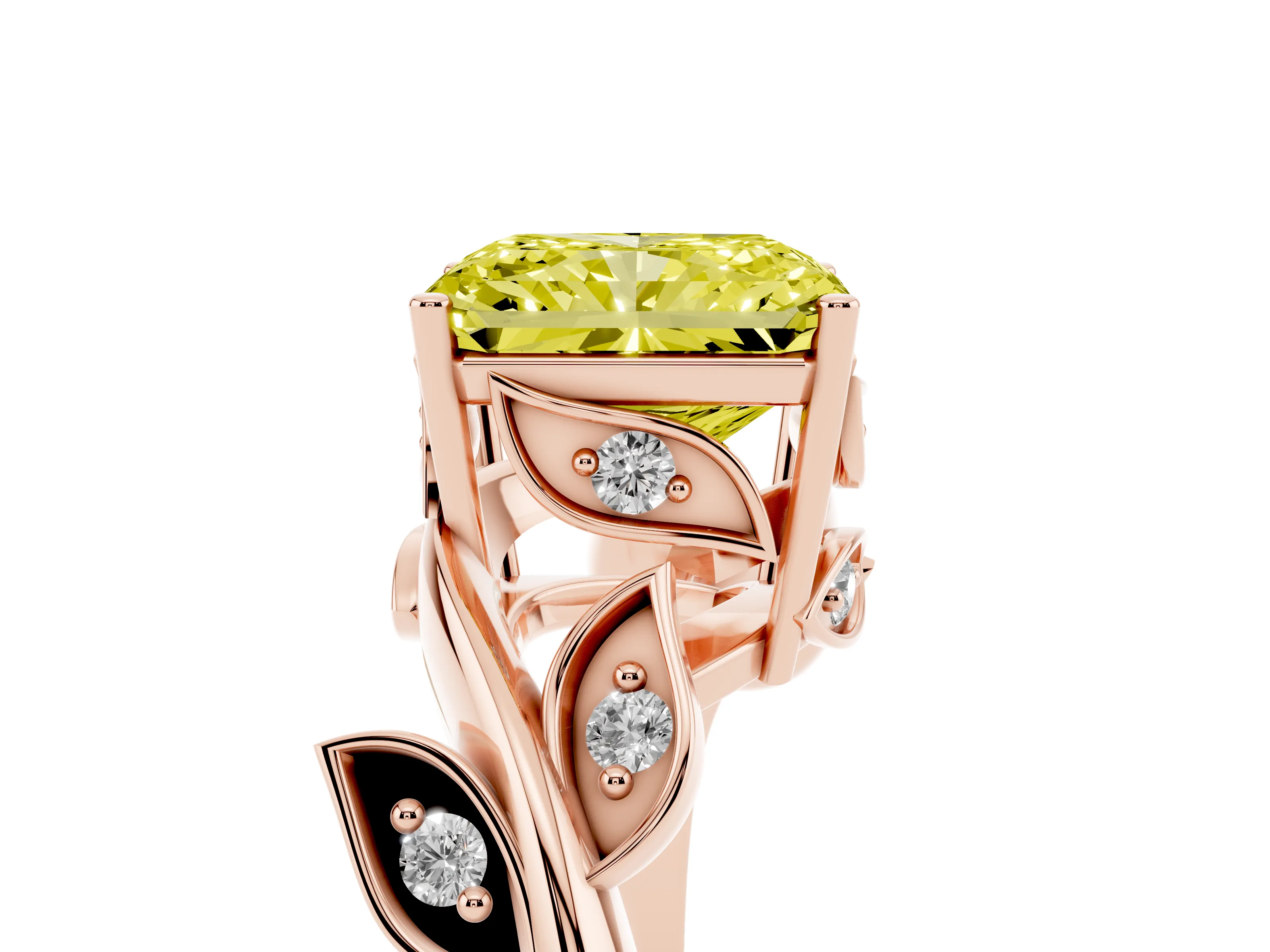 Fancy Yellow Radiant Cut Diamond Solitaire Twist Engagement Ring Set in Rose gold with Pavé Leaf Accents