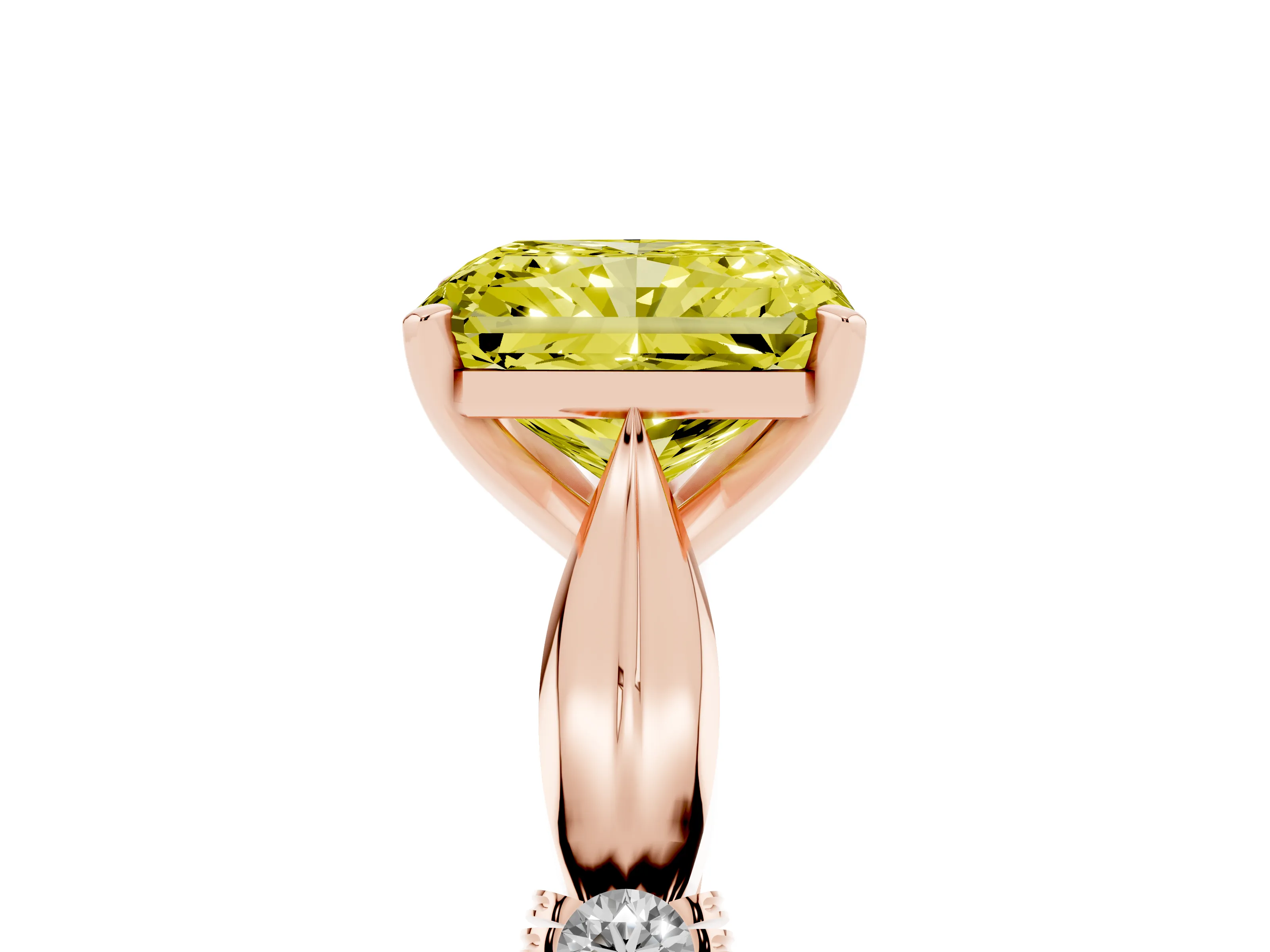 Fancy Yellow Radiant Cut Diamond Solitaire Twisted Band Ring Set in Rose gold with Accent Stones and Prong Setting