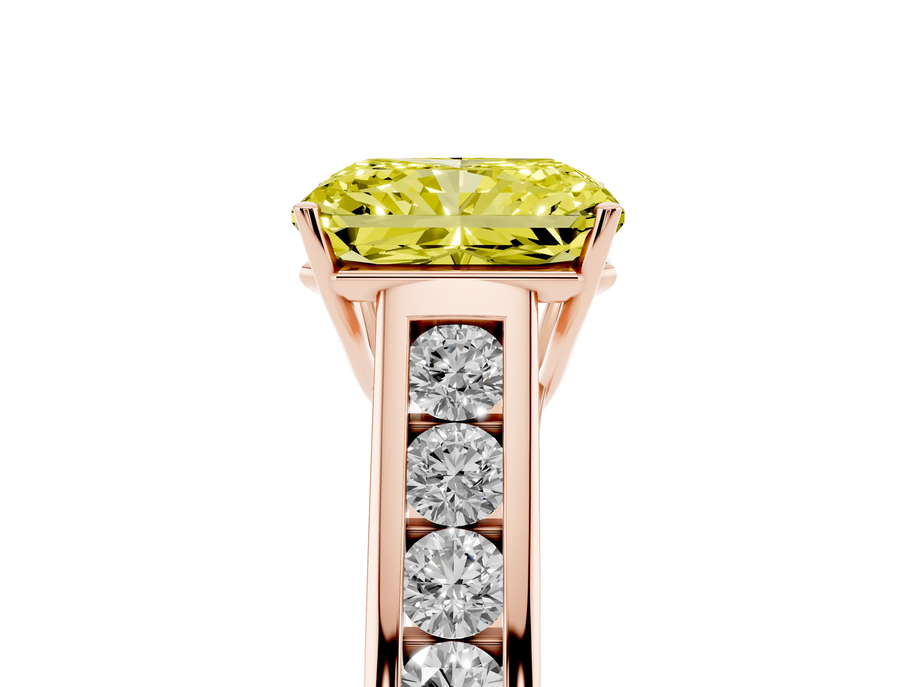 Fancy Yellow Radiant Cut Diamond Brilliant Channel-Set Solitaire Ring Set in Rose gold with Prong Setting