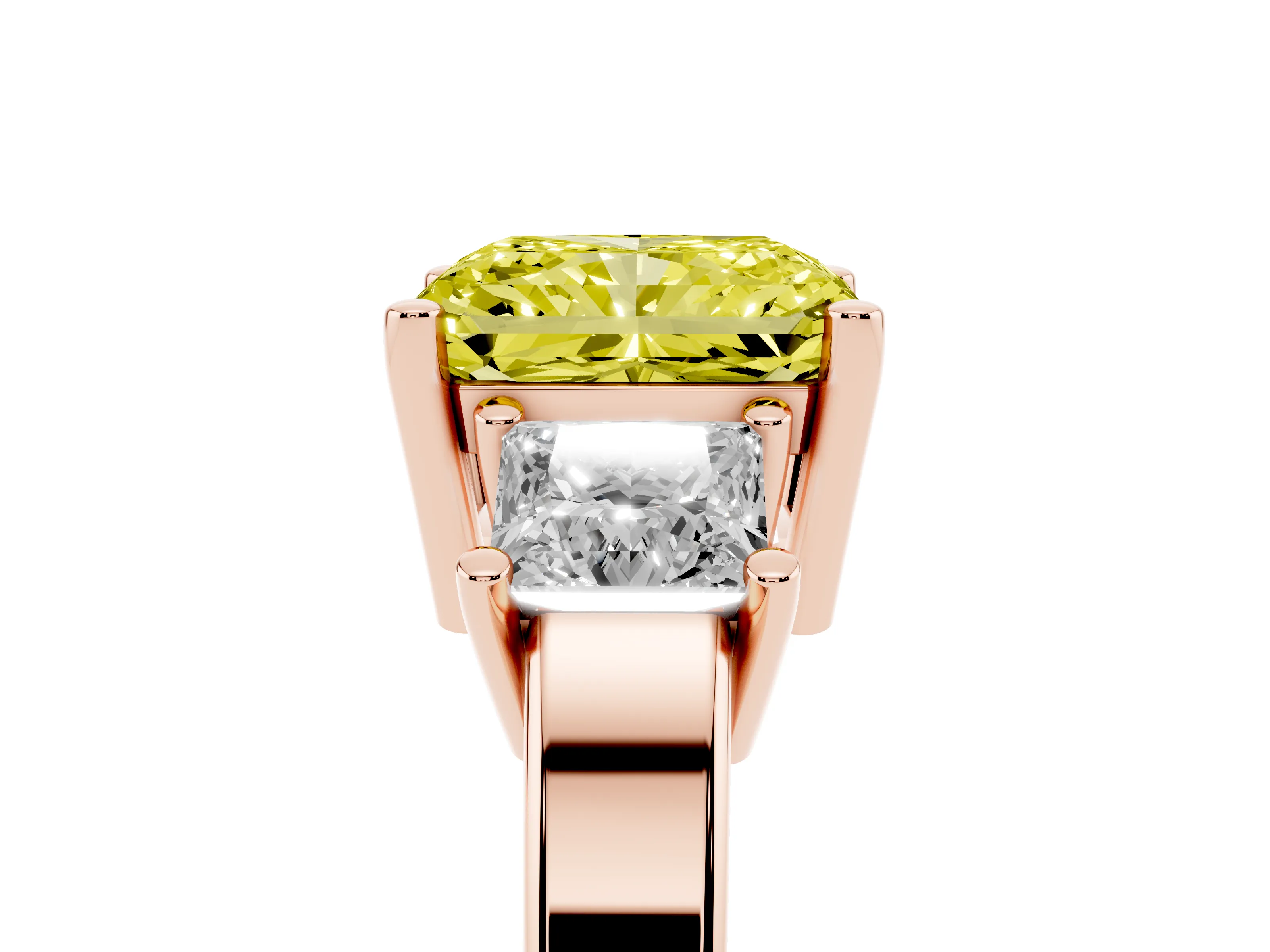 Fancy Yellow Three-Stone Radiant Cut Diamond Solitaire Ring Set in Rose gold with Prong Setting