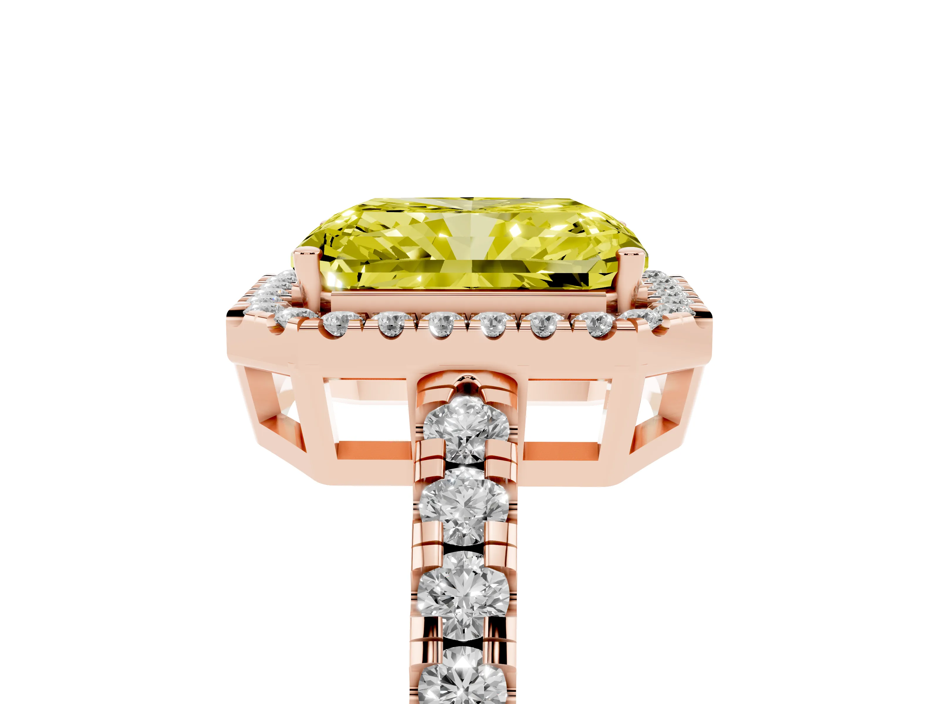 Fancy Yellow Radiant Cut Diamond Halo Ring Set in Rose gold with Delicate Pavé Band and Prong Setting