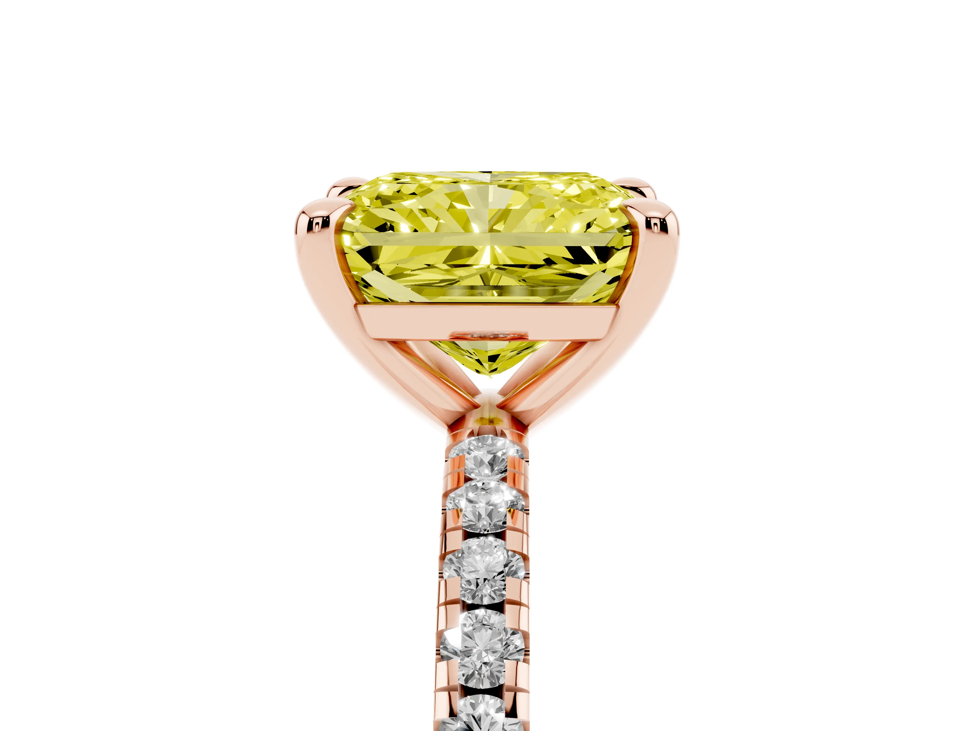 Fancy Yellow Radiant Cut Diamond Brilliant Solitaire Ring Set in Rose gold with Pavé Band and Prong Setting