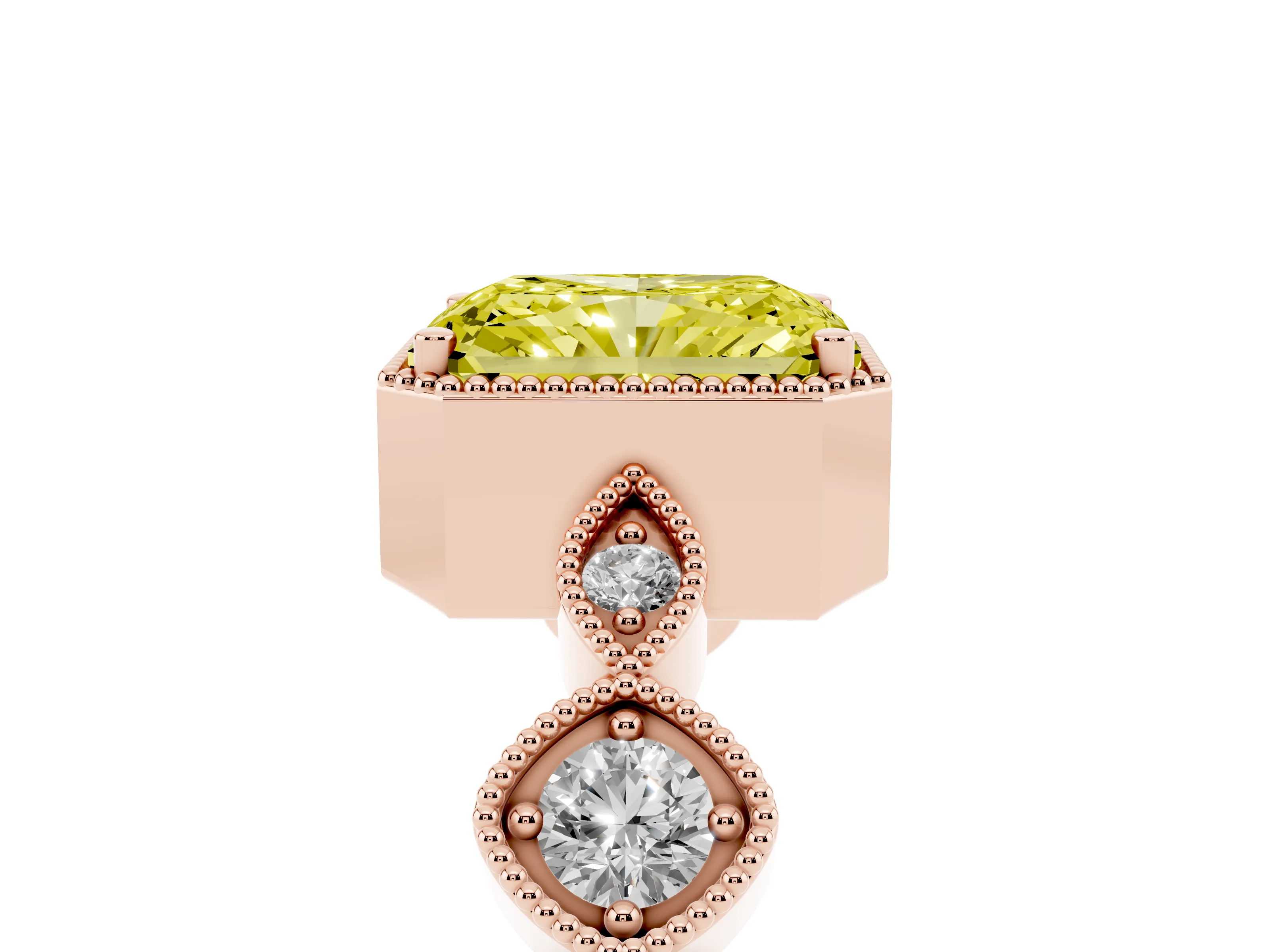 Fancy Yellow Radiant Cut Diamond Vintage-Inspired Milgrain Ring Set in Rose gold with Marquise Stations of Round Accents