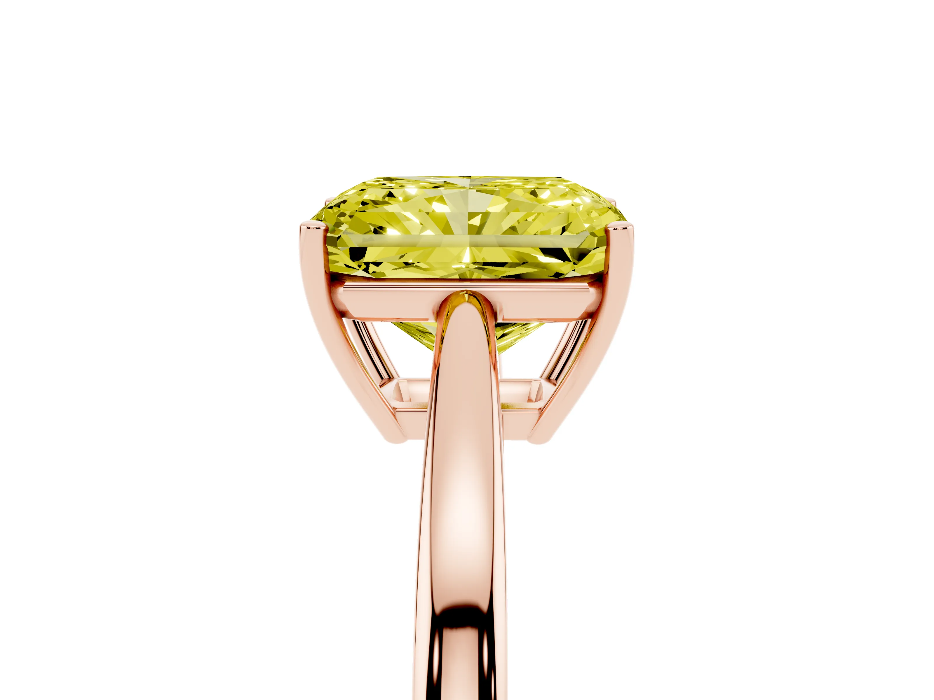 Fancy Yellow Radiant Cut Diamond Solitaire Ring Set in Rose gold with Split Shank and Prong Setting