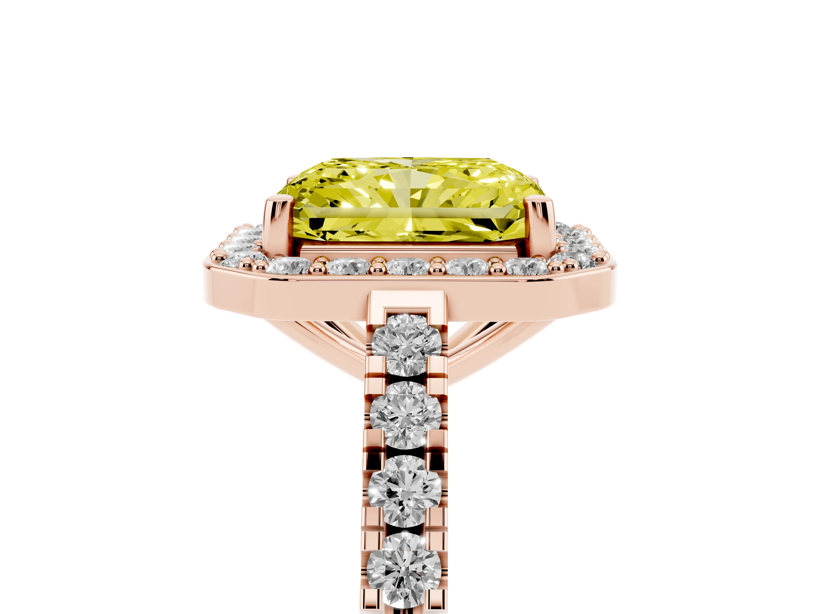 Fancy Yellow Radiant Cut Diamond Halo Ring Set in Rose gold with Round Pavé Split Shank and Prong Setting