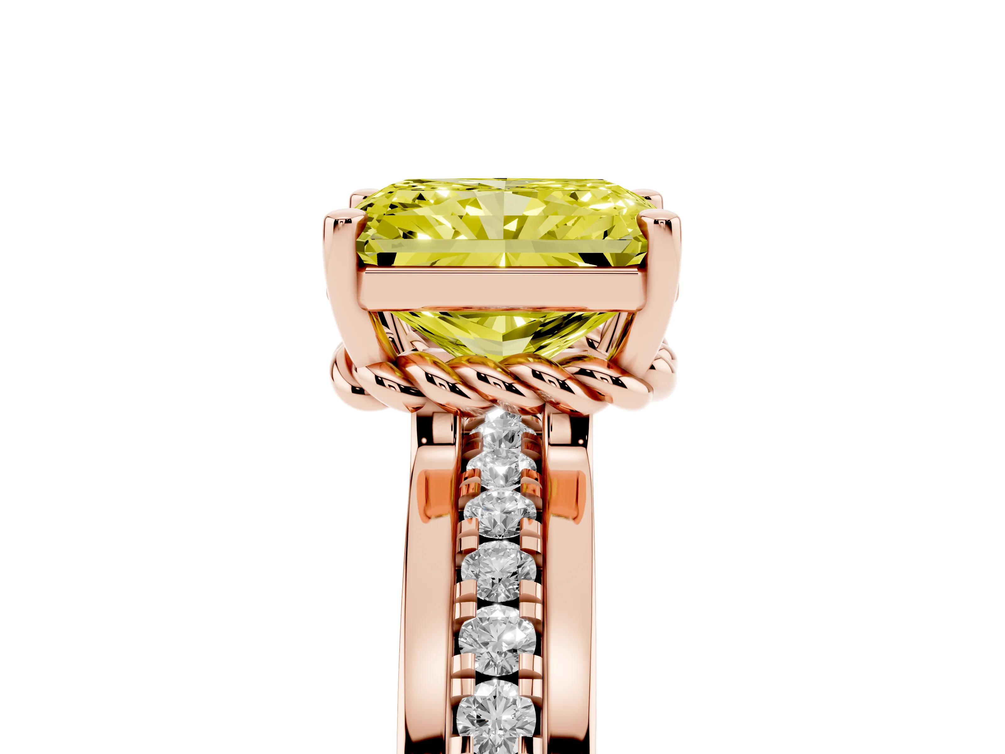 Fancy Yellow Radiant Cut Diamond Solitaire Ring Set in Rose gold with Channel Set Band and Prong Setting