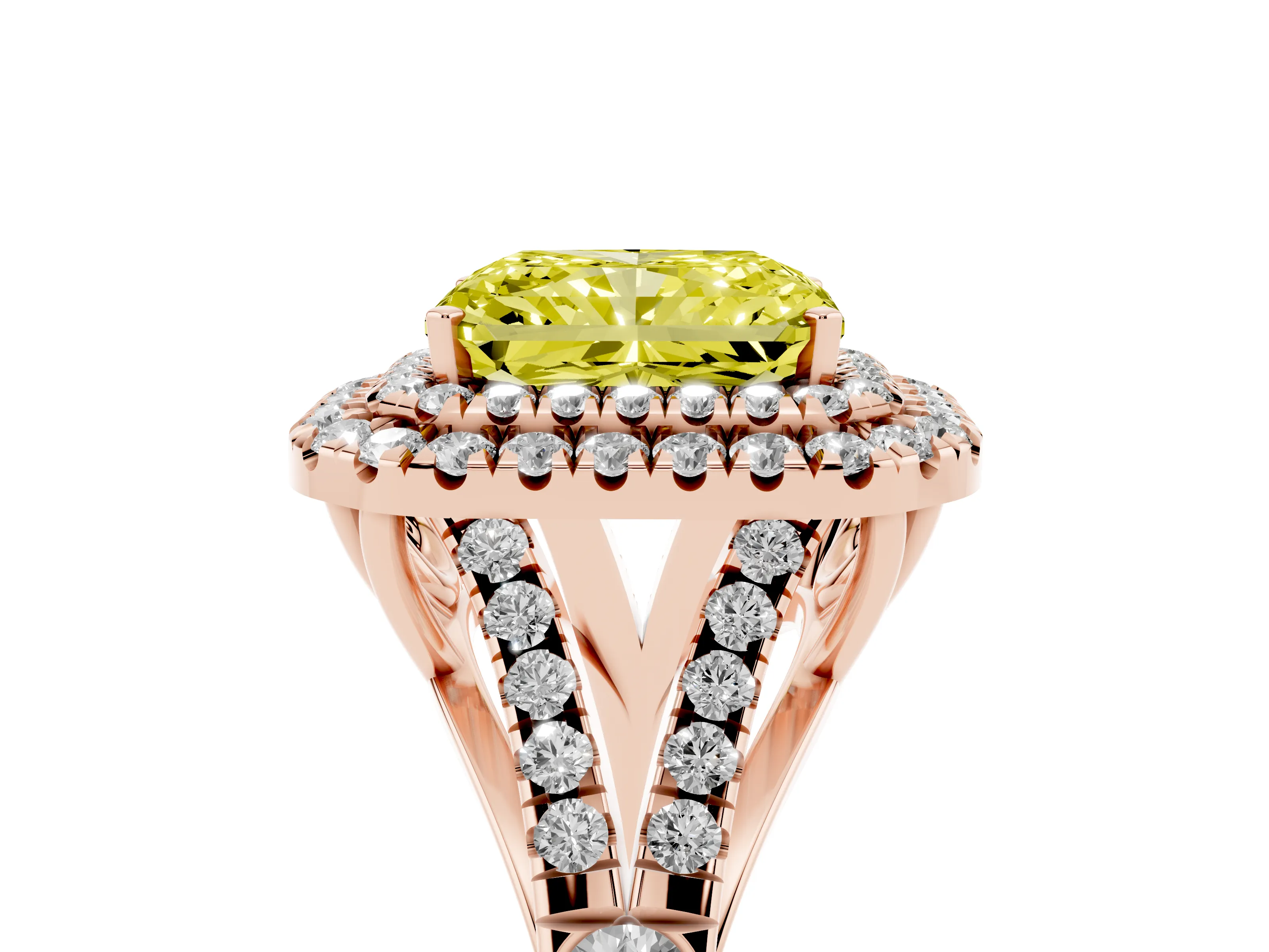 Fancy Yellow Radiant Cut Diamond Pavé Split Shank Double Halo Engagement Ring Set in Rose gold