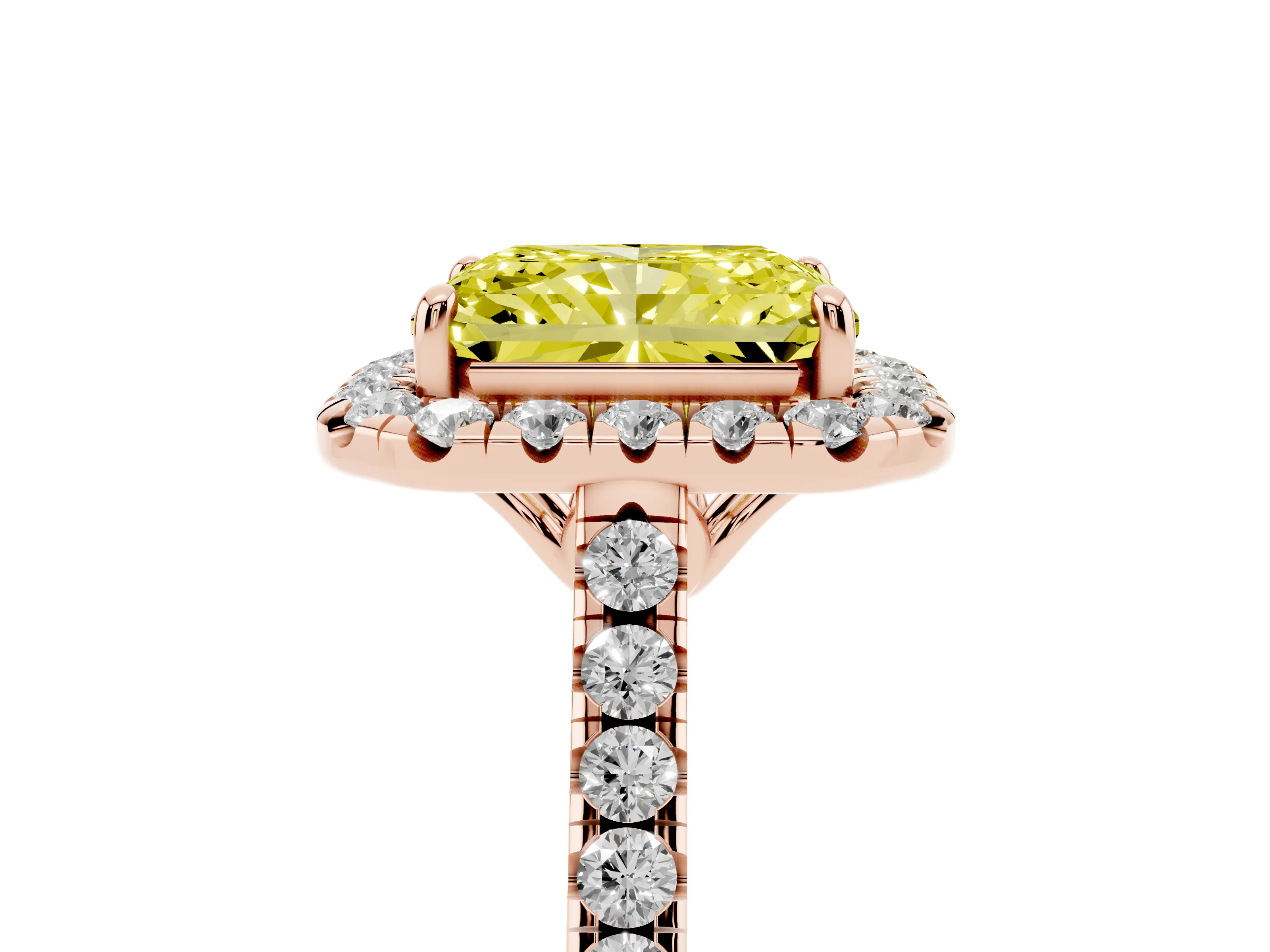 Fancy Yellow Radiant Cut Diamond Pavé Halo Engagement Ring Set in Rose gold with Pavé Band and Prong Setting