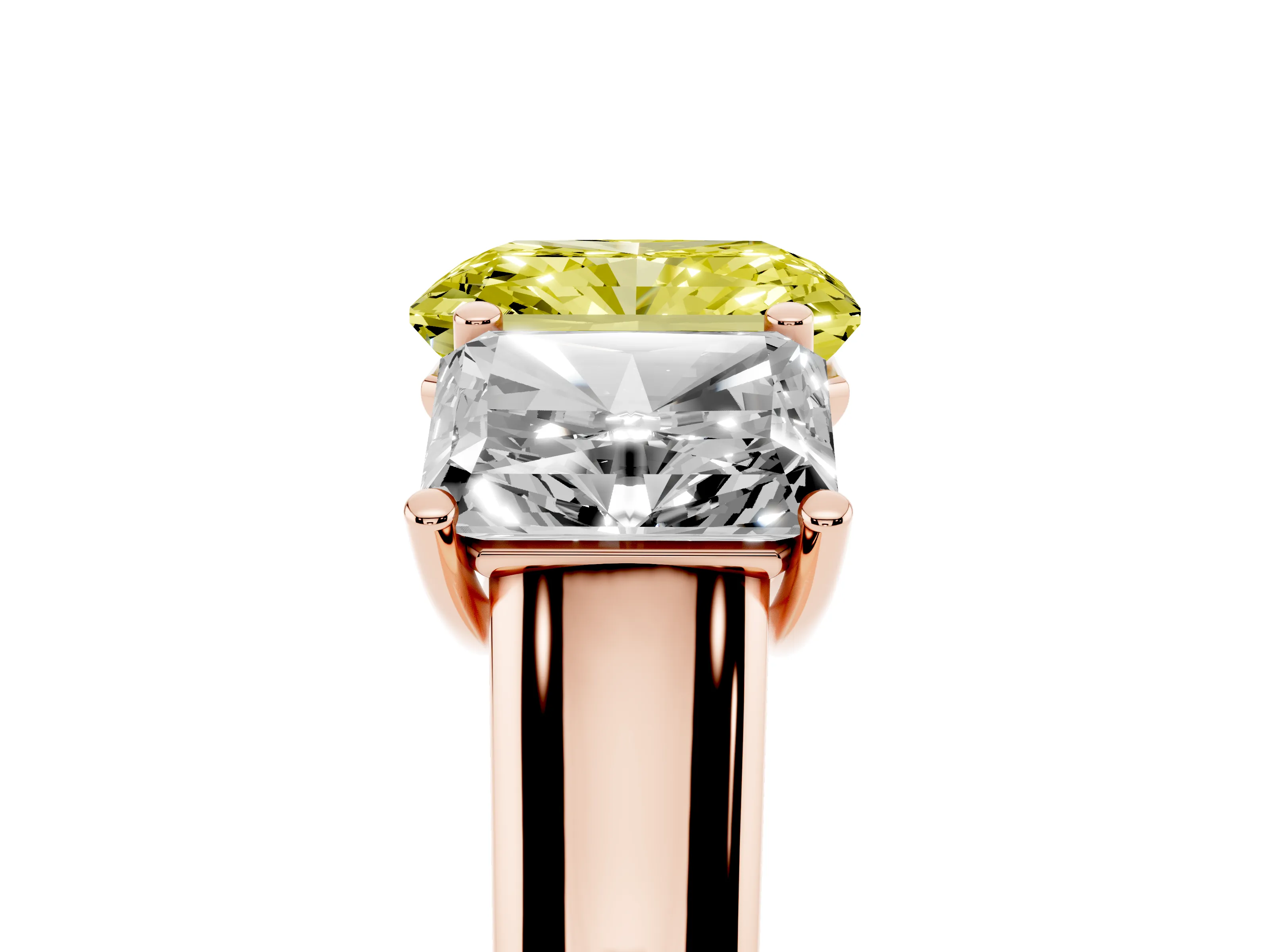 Fancy Yellow Radiant Cut Diamond Three-Stone Ring Set in Rose gold with Plain Polished Band