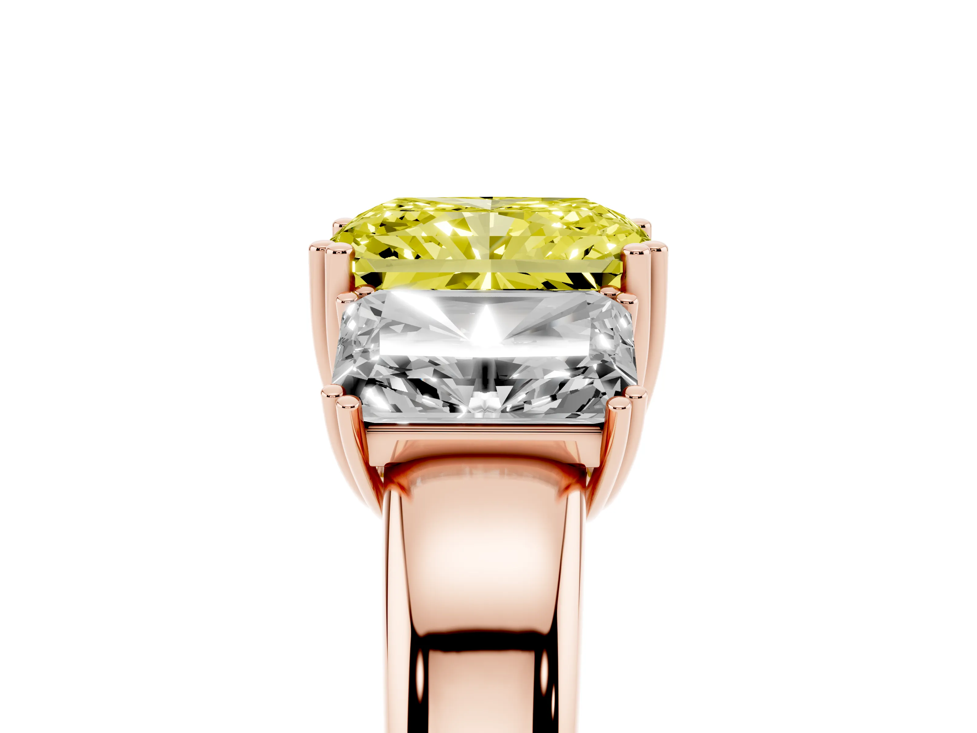 Fancy Yellow Radiant Cut Diamond Three-Stone Ring Set in Rose gold with Polished Channel-Set Band