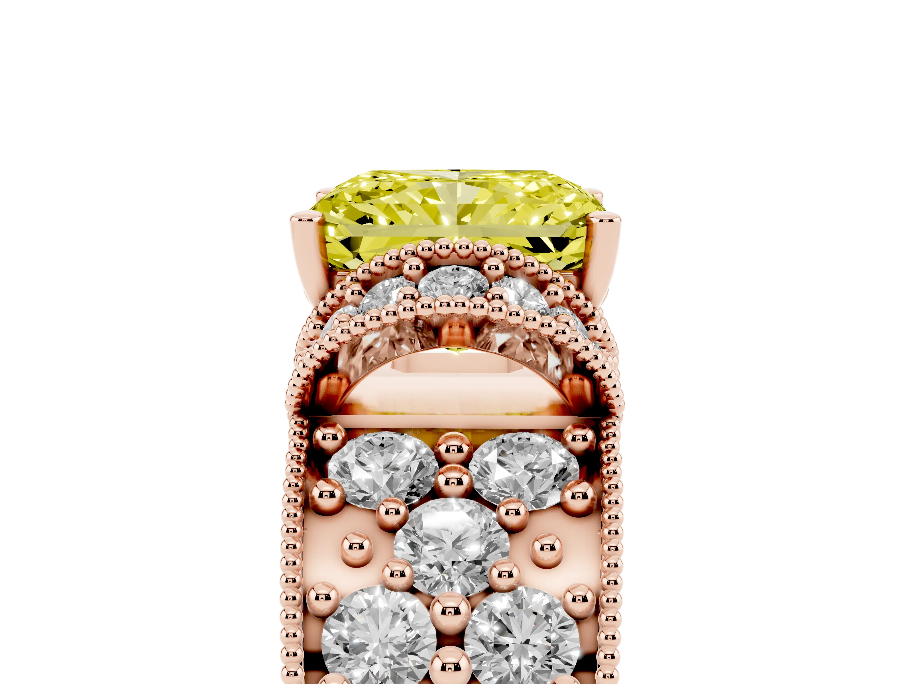 Fancy Yellow Radiant Cut Diamond Milgrain Halo Pavé Engagement Ring Set in Rose gold with Prong Setting