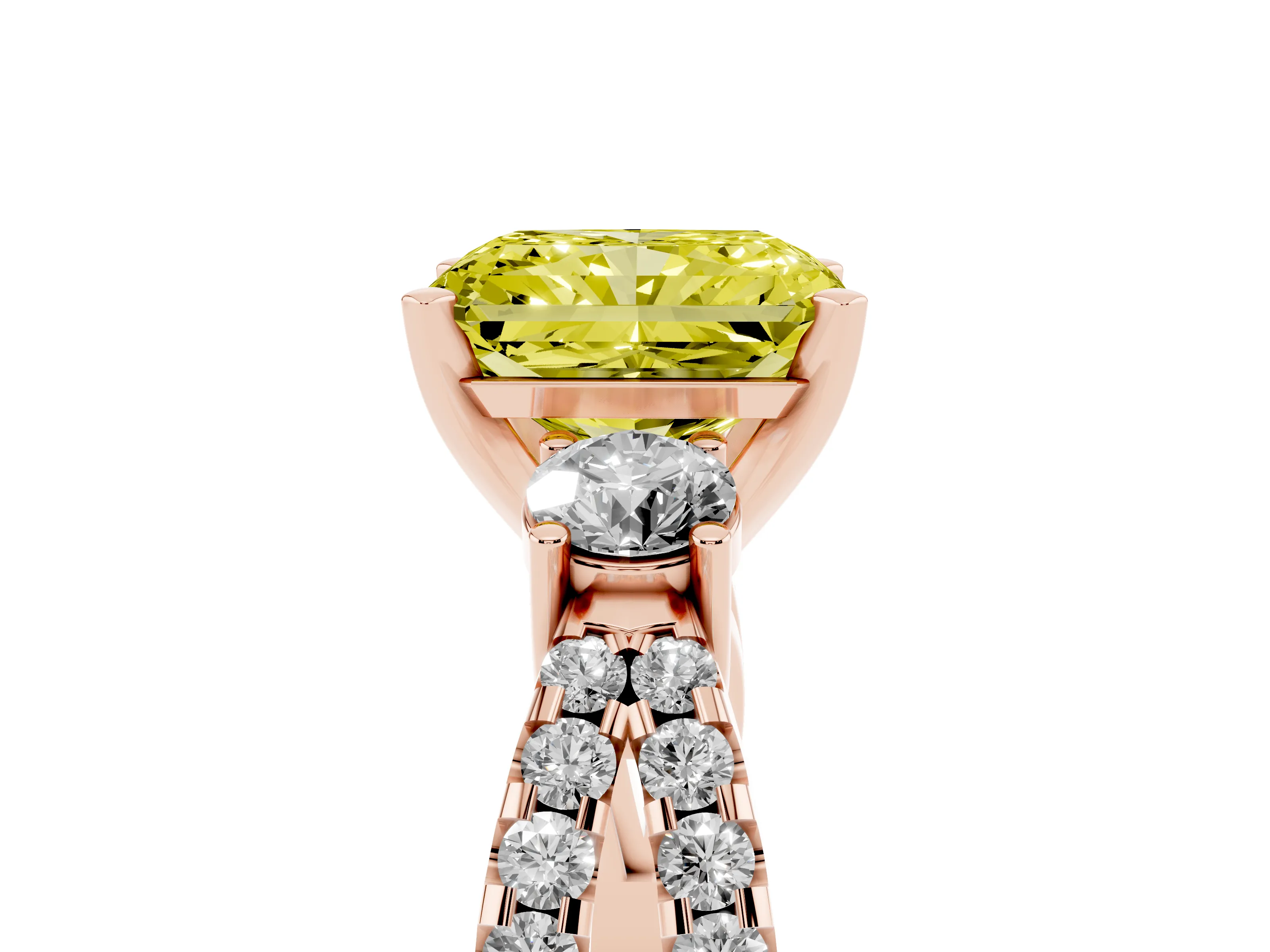 Fancy Yellow Radiant Cut Diamond Three-Stone Ring Set in Rose gold with Pavé Split Shank and Prong Setting