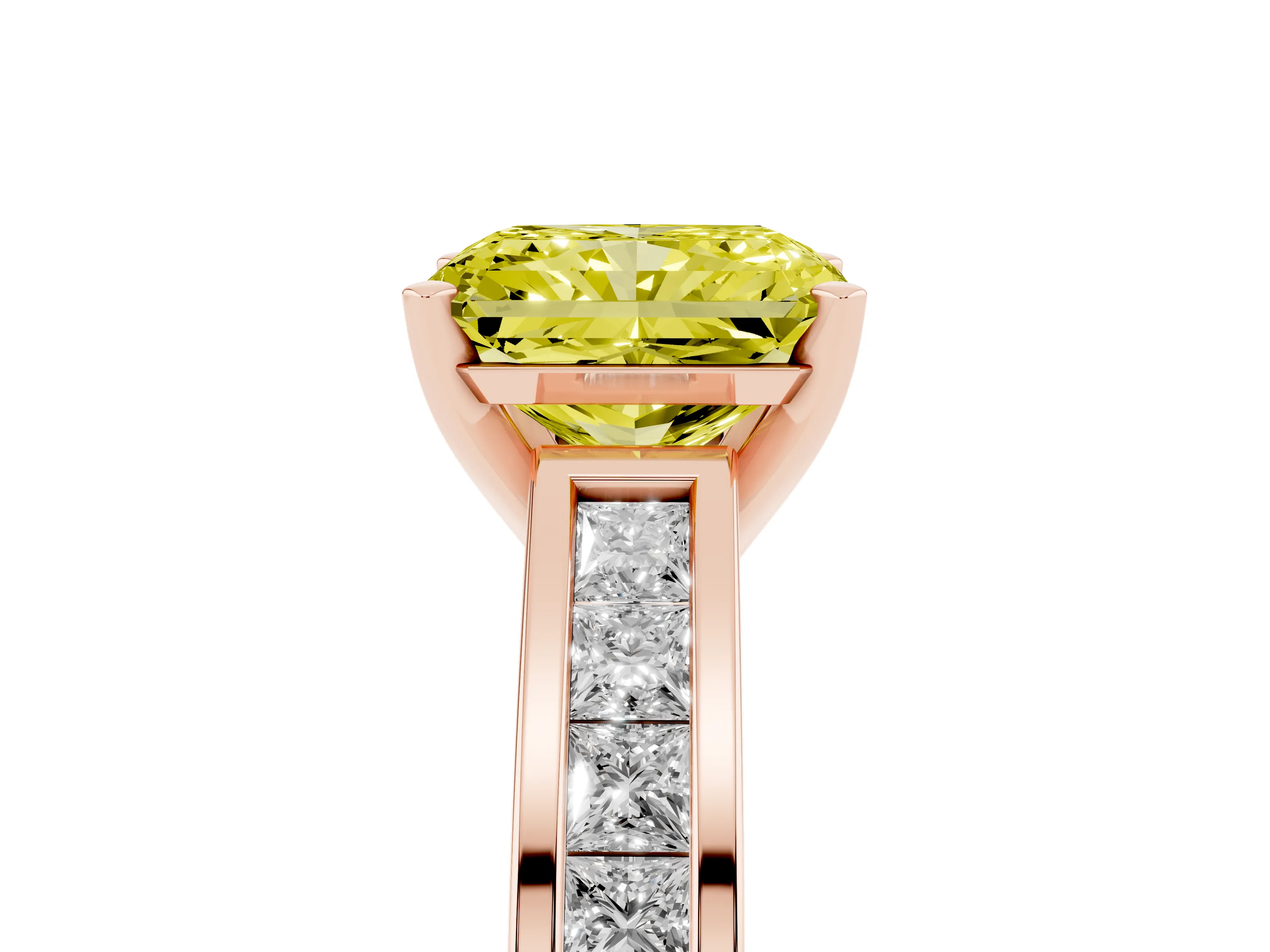 Fancy Yellow Radiant Cut Diamond Solitaire Ring Set in Rose gold with Channel-Set Band and Prong Setting