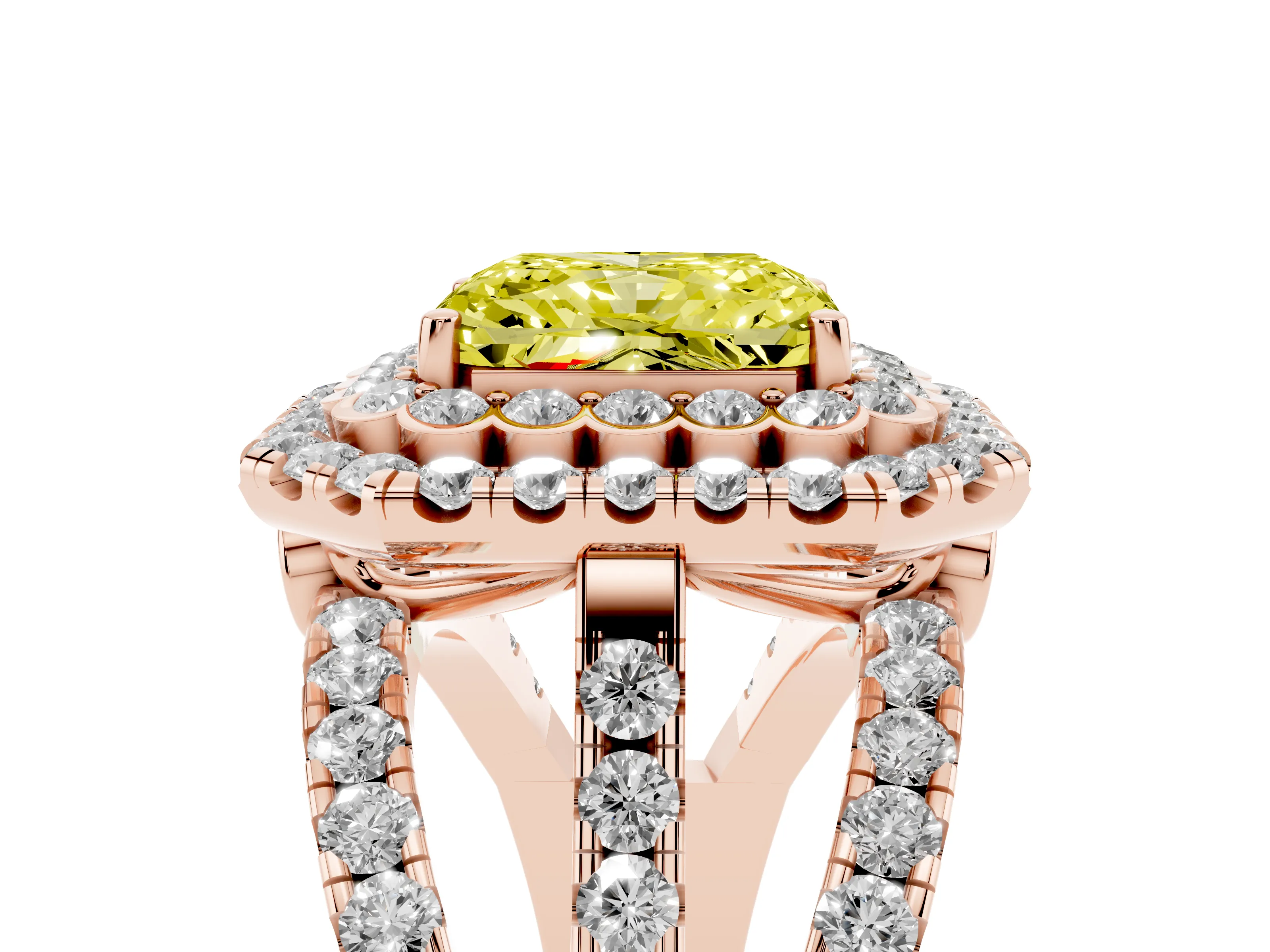 Fancy Yellow Radiant Cut Diamond Double Halo Ring Set in Rose gold with Round Pavé Split Shank