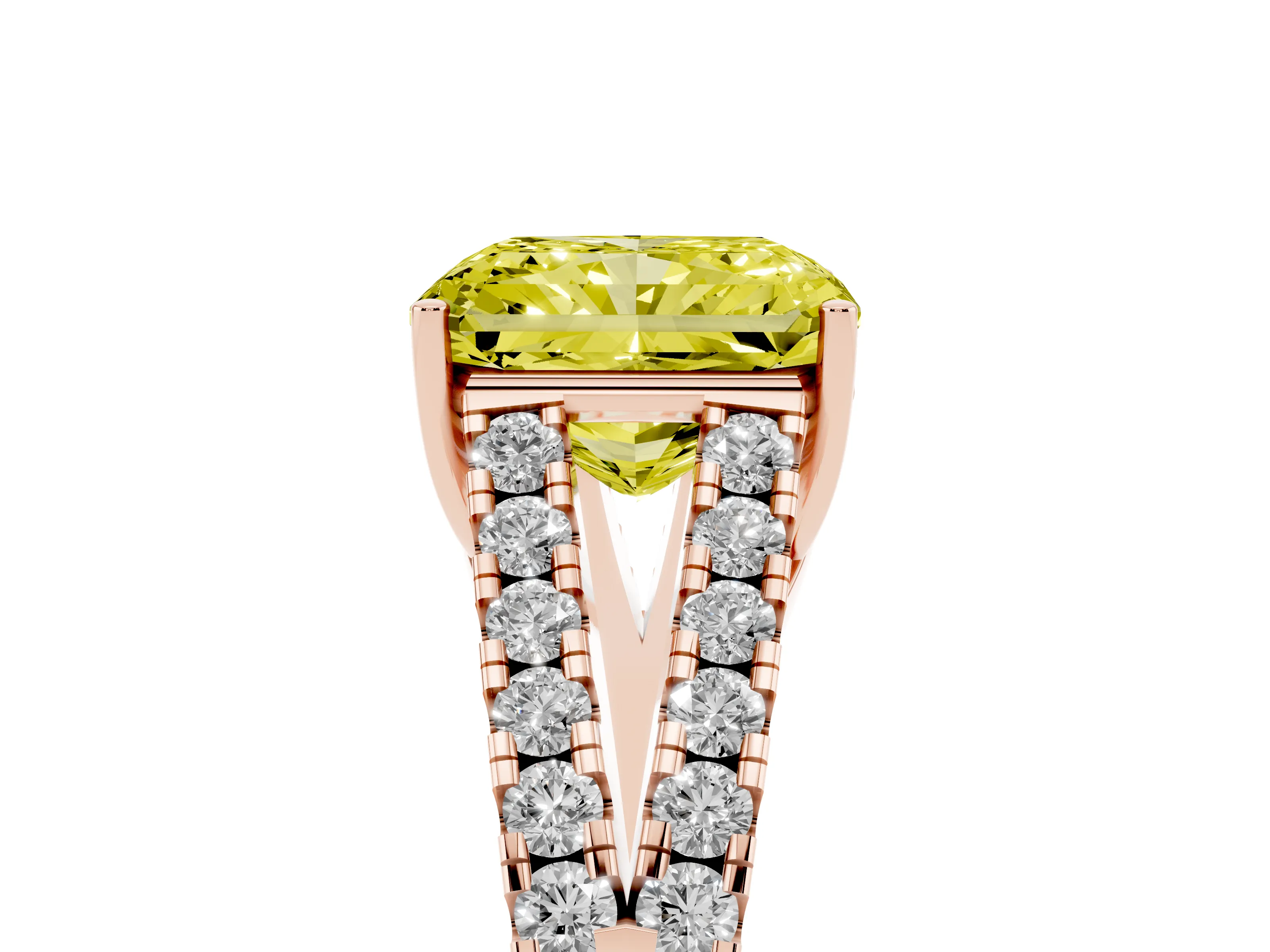 Fancy Yellow Radiant Cut Diamond Split Shank Pavé Engagement Ring Set in Rose gold with Prong-Held Center Stone