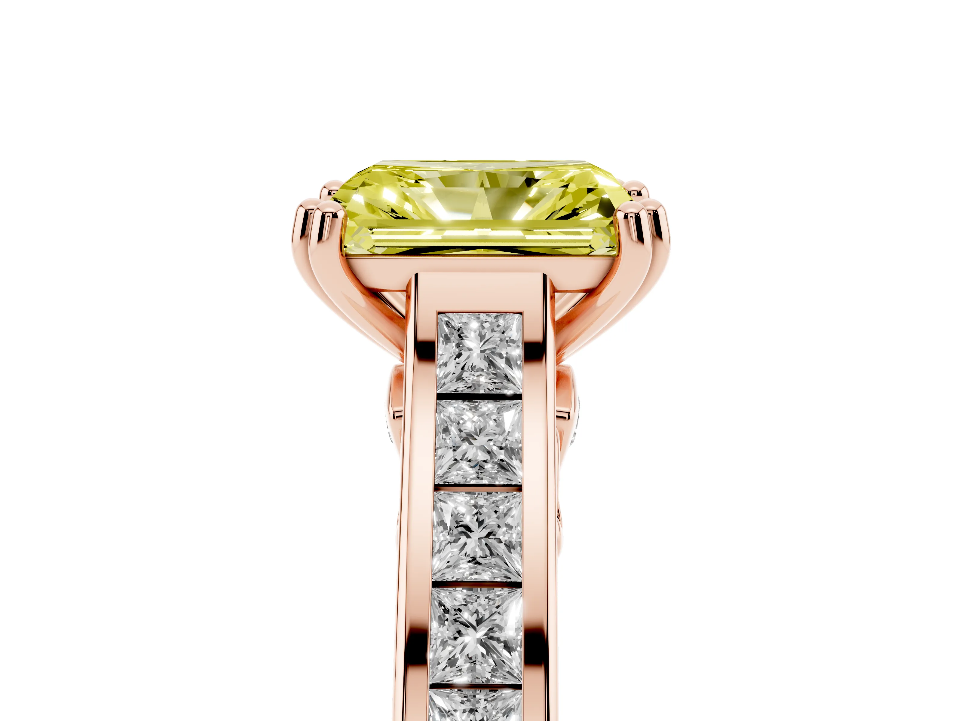 Fancy Yellow Radiant Cut Diamond Channel Set Solitaire Engagement Ring Set in Rose gold with Prong Setting