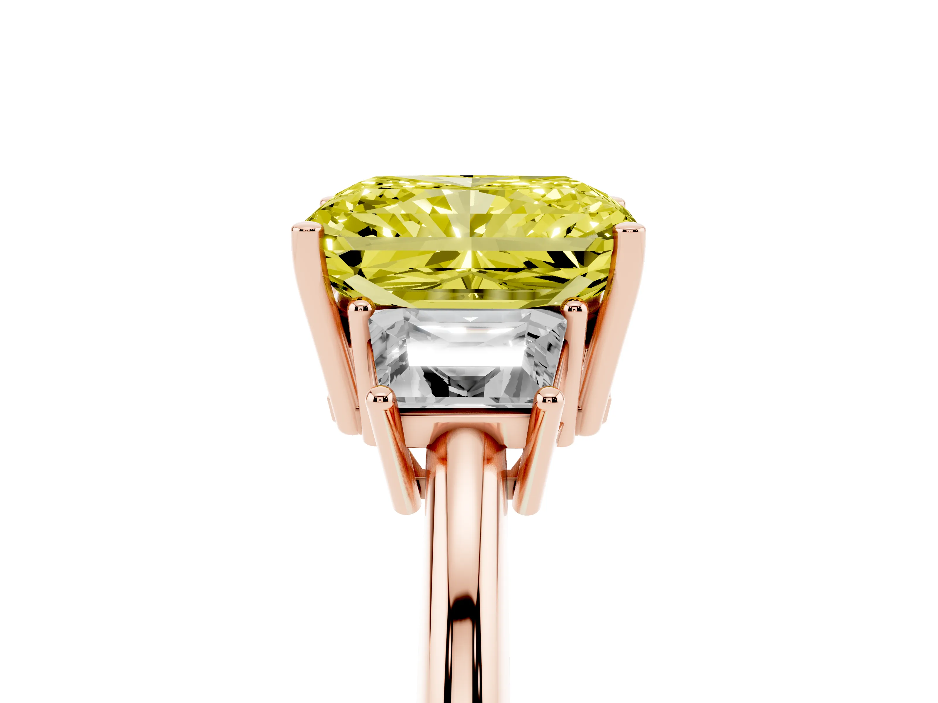 Fancy Yellow Radiant Cut Diamond Three-Stone Ring Set in Rose gold with Trapezoid Side Stones and Prong Setting