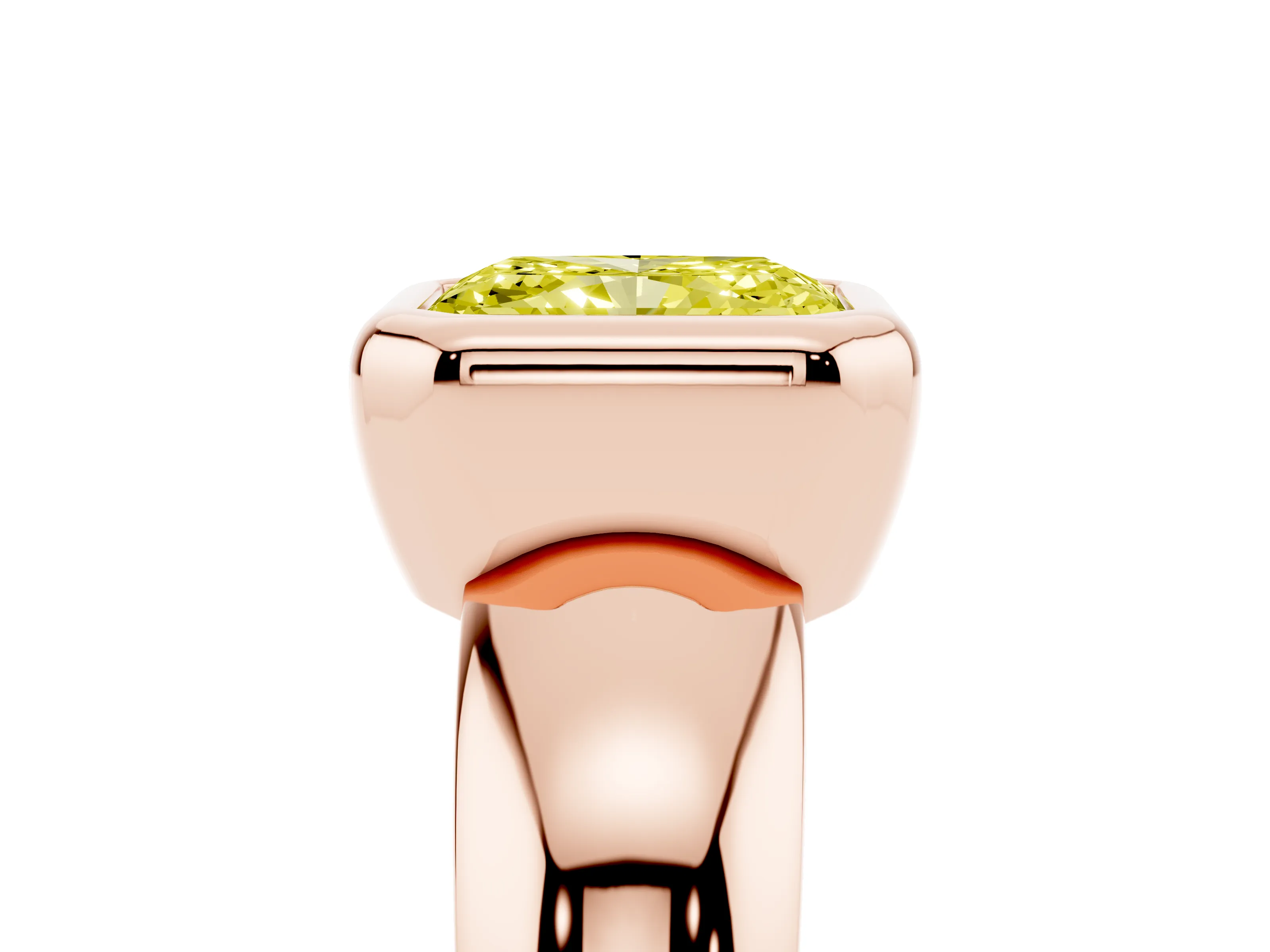Fancy Yellow Bezel Set Radiant Cut Diamond Solitaire Ring Set in Rose gold with Wide Band