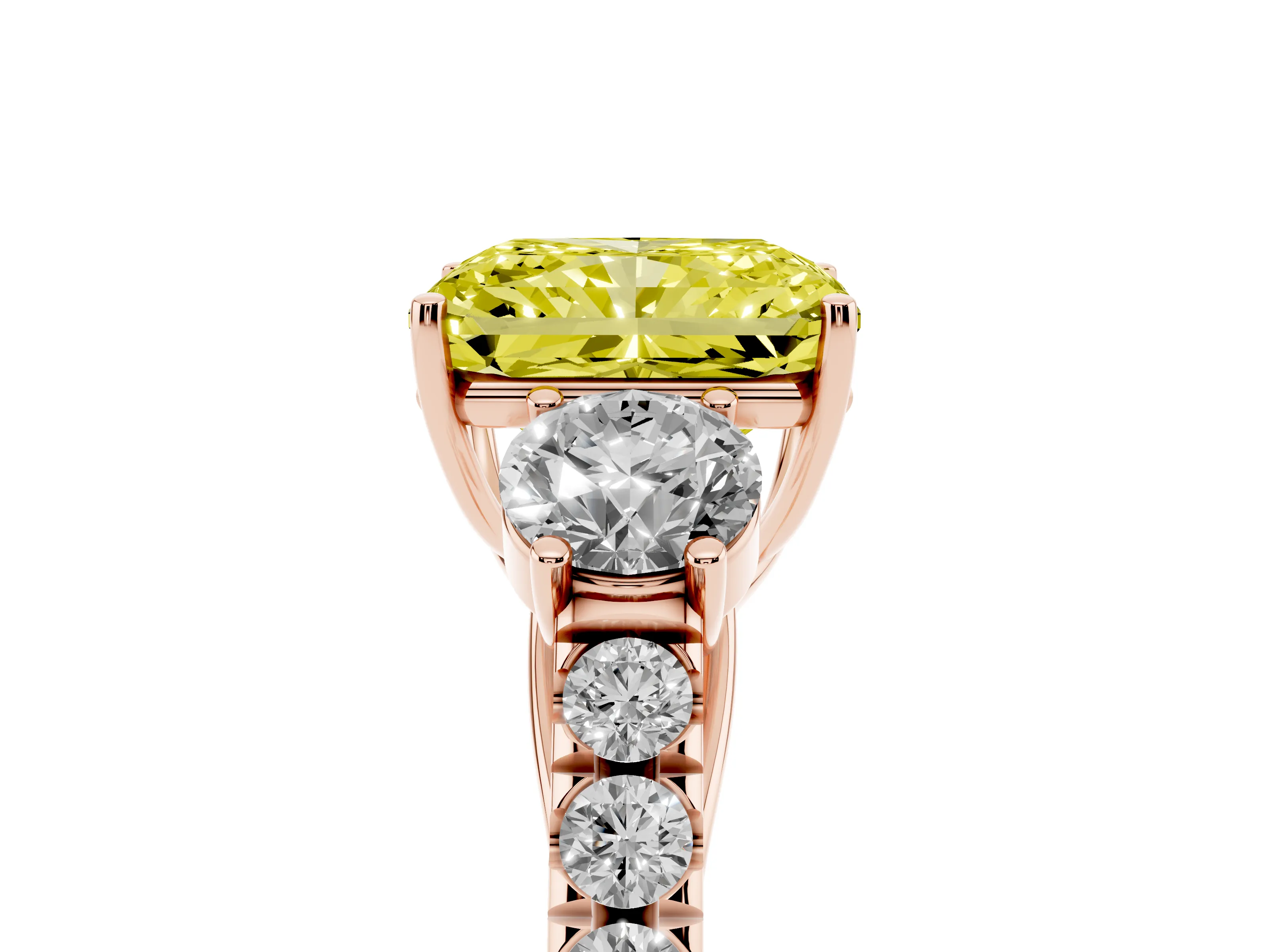 Fancy Yellow Radiant Cut Diamond Three-Stone Ring Set in Rose gold with Round Side Stones and Delicate Pavé Band