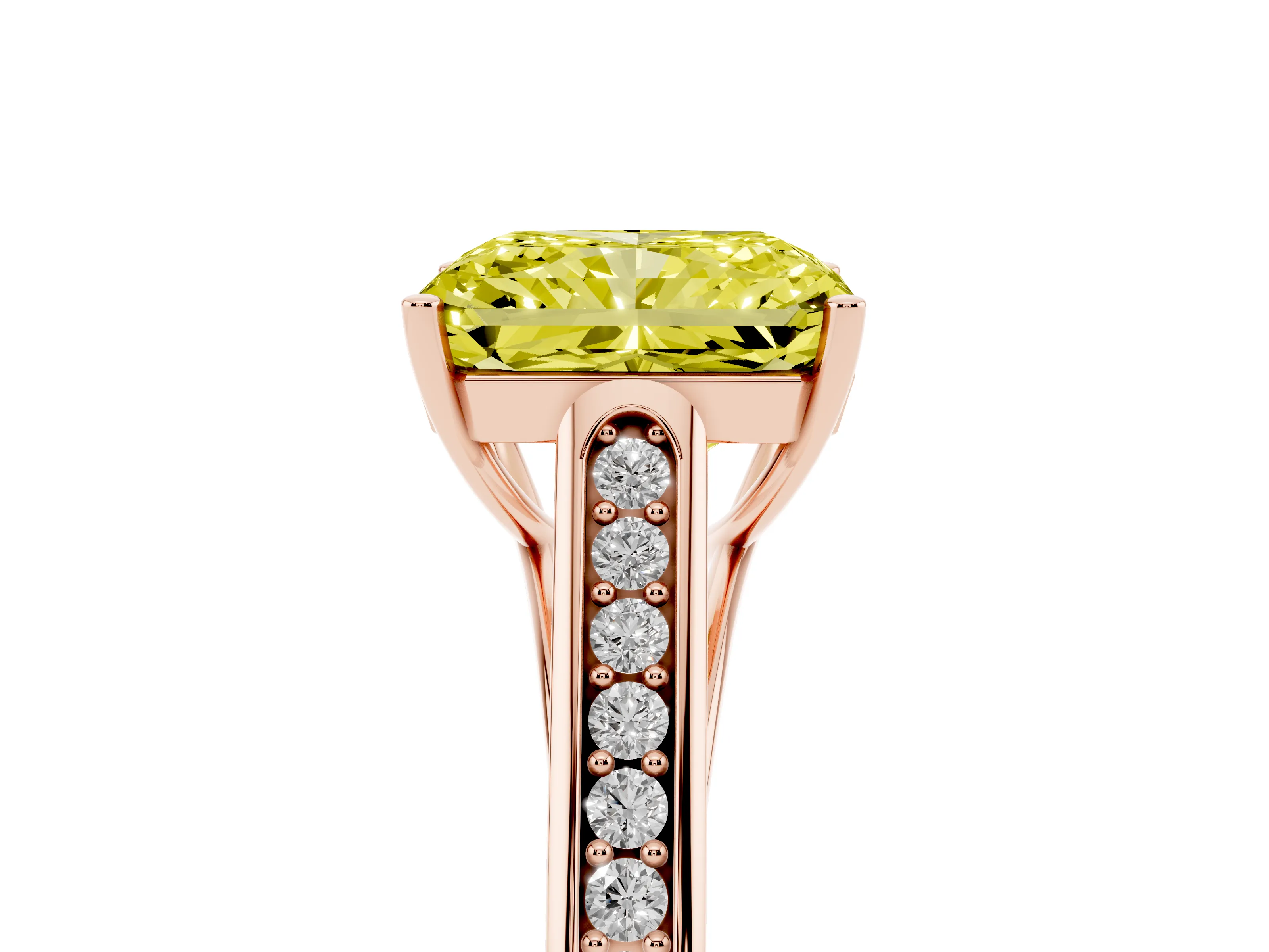 Fancy Yellow Radiant Cut Diamond Solitaire Cathedral Engagement Ring Set in Rose gold with Channel-Set Band and Prong Setting