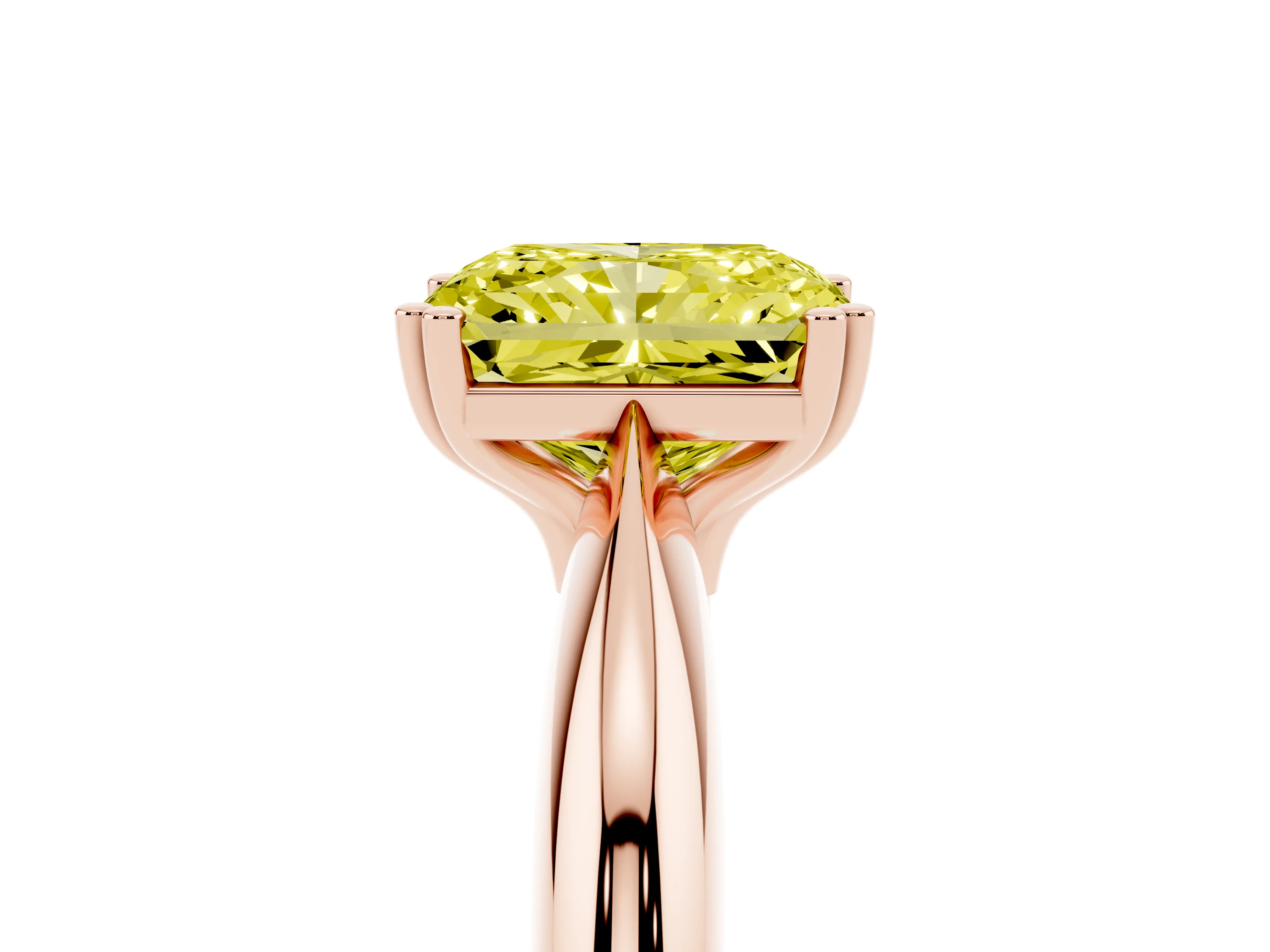 Fancy Yellow Radiant Cut Diamond Solitaire Engagement Ring Set in Rose gold with Tapered Band and Prong Setting