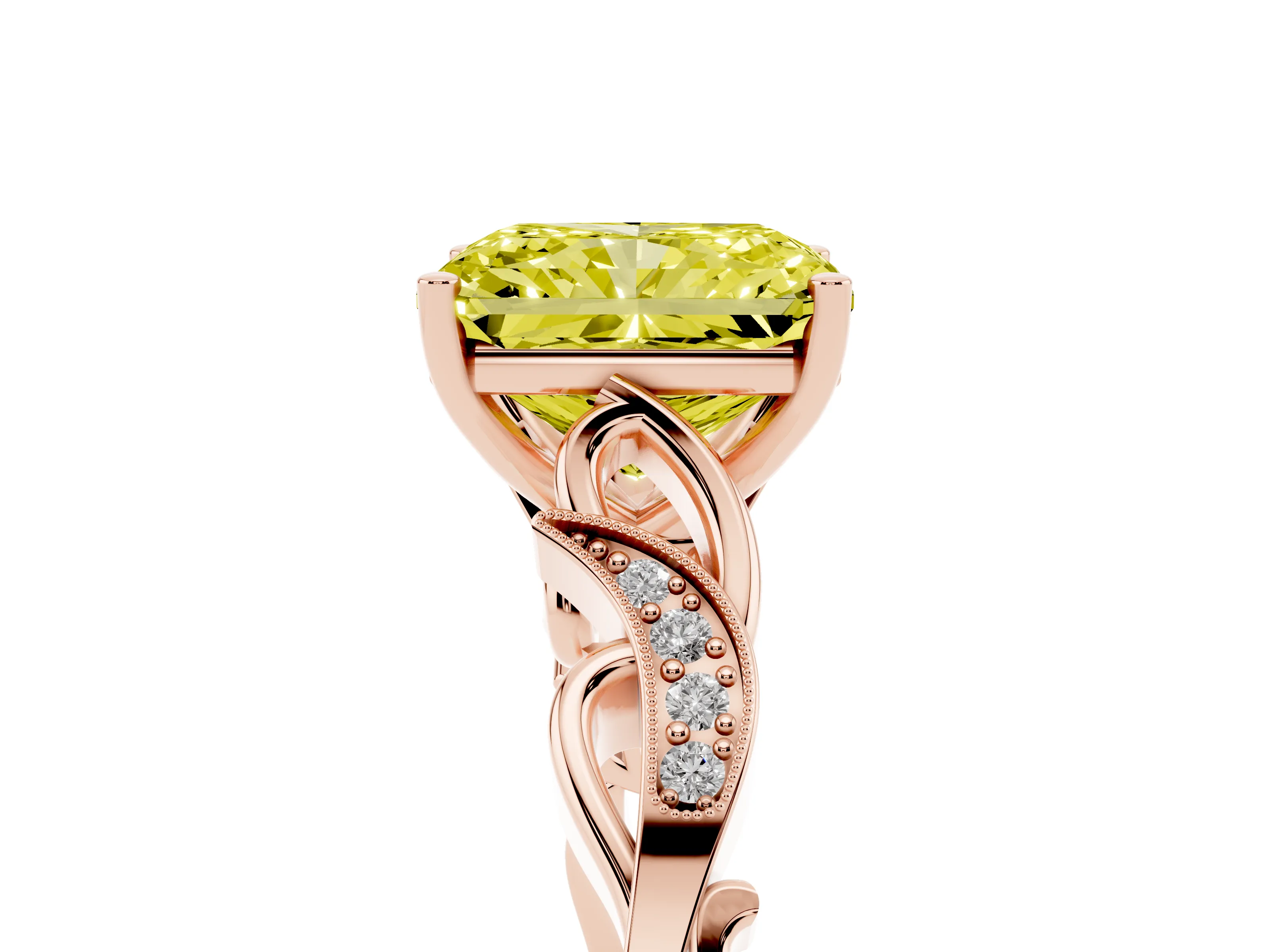 Fancy Yellow Radiant Cut Diamond Vine Band Solitaire Ring Set in Rose gold with Milgrain Prong Setting