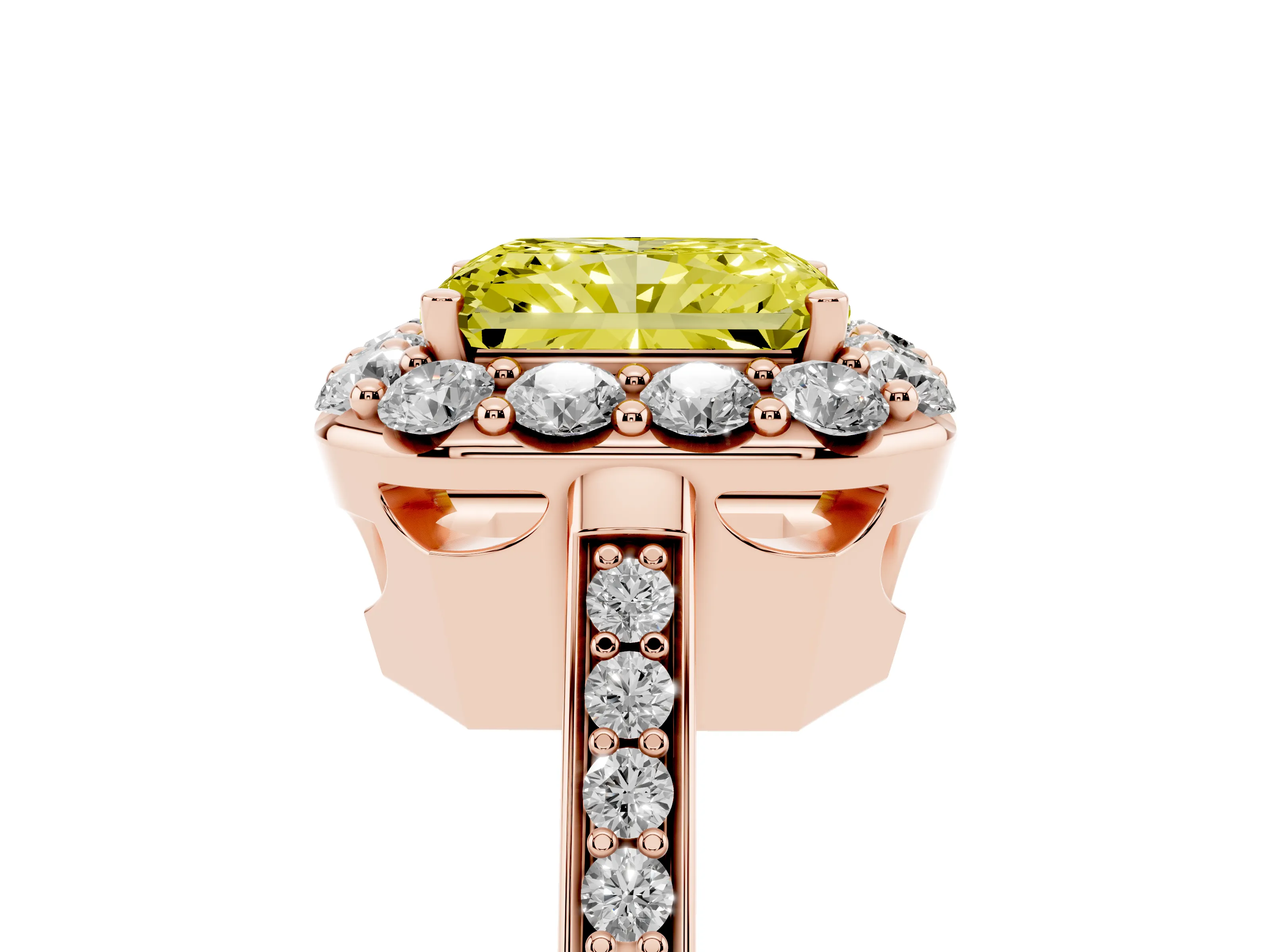Fancy Yellow Radiant Cut Diamond Floral Halo Ring Set in Rose gold with Pavé Band and Prong Setting