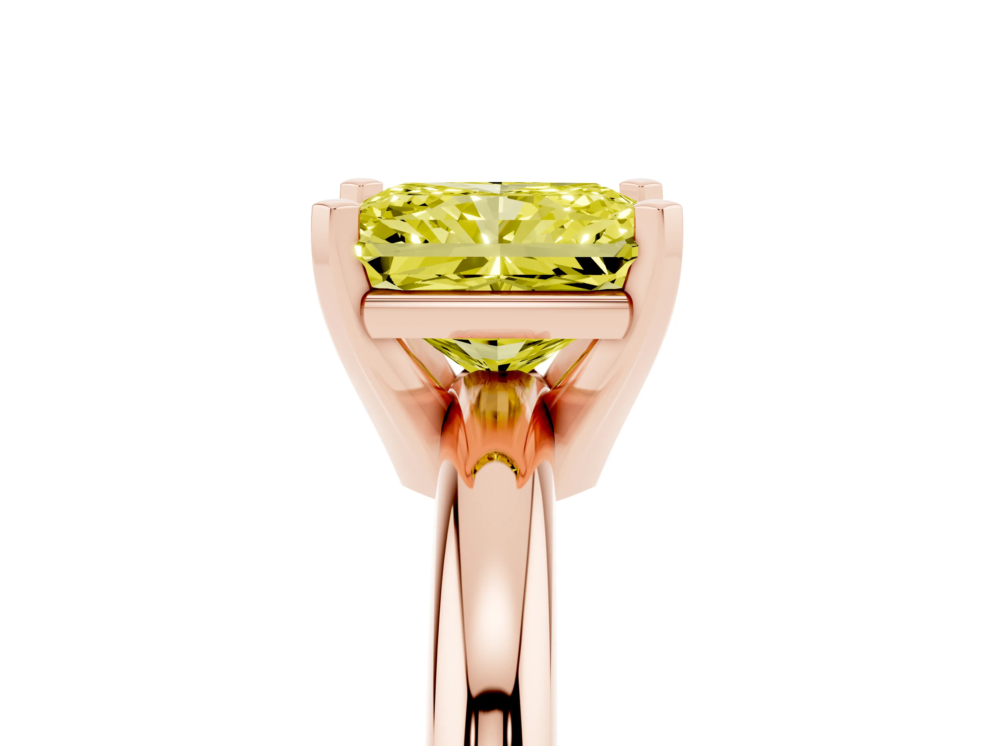 Fancy Yellow Radiant Cut Diamond Solitaire Engagement Ring Set in Rose gold with Round Band and Prong Setting