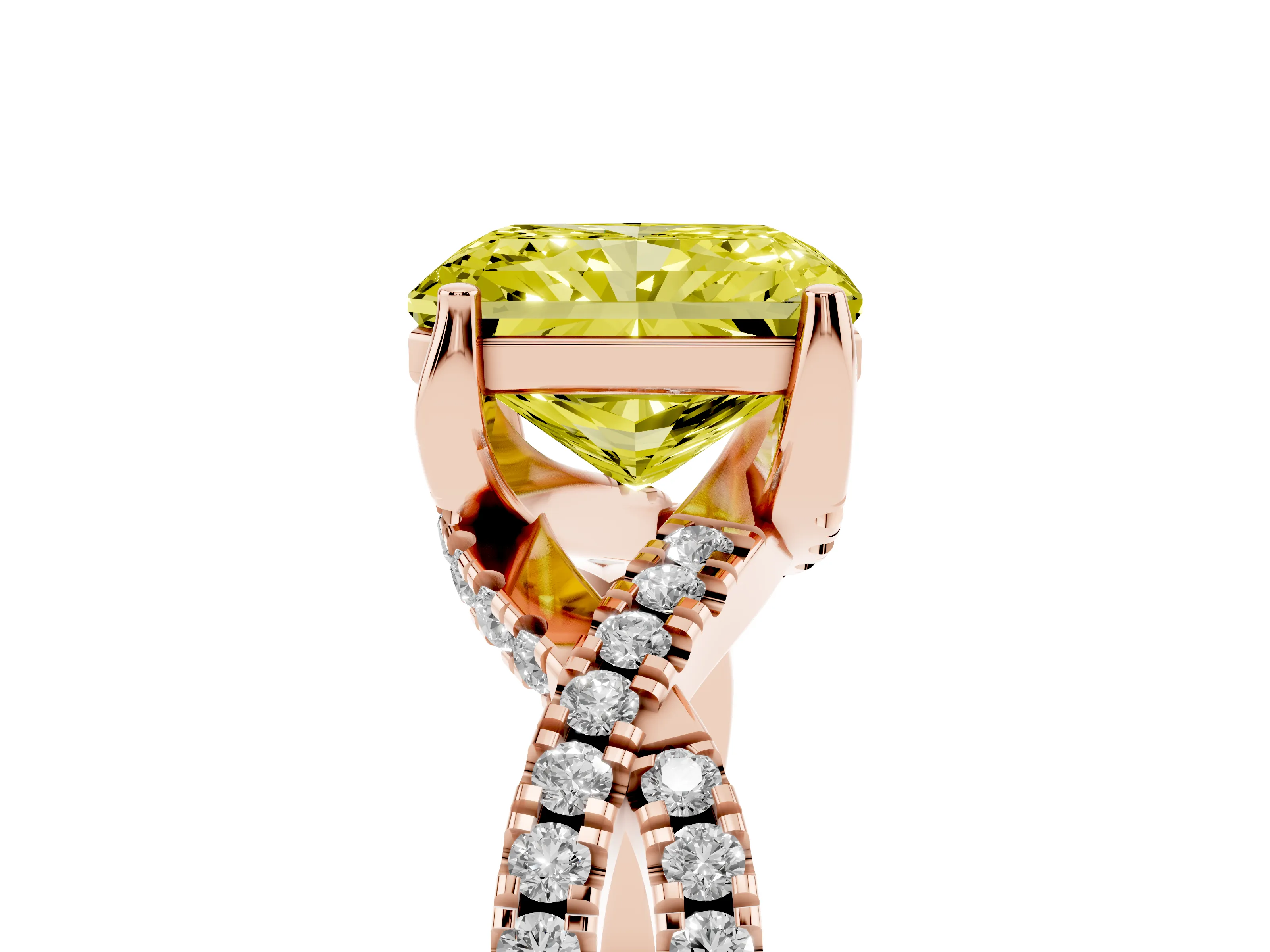 Fancy Yellow Radiant Cut Diamond Twist Pavé Solitaire Engagement Ring Set in Rose gold with Prong Setting