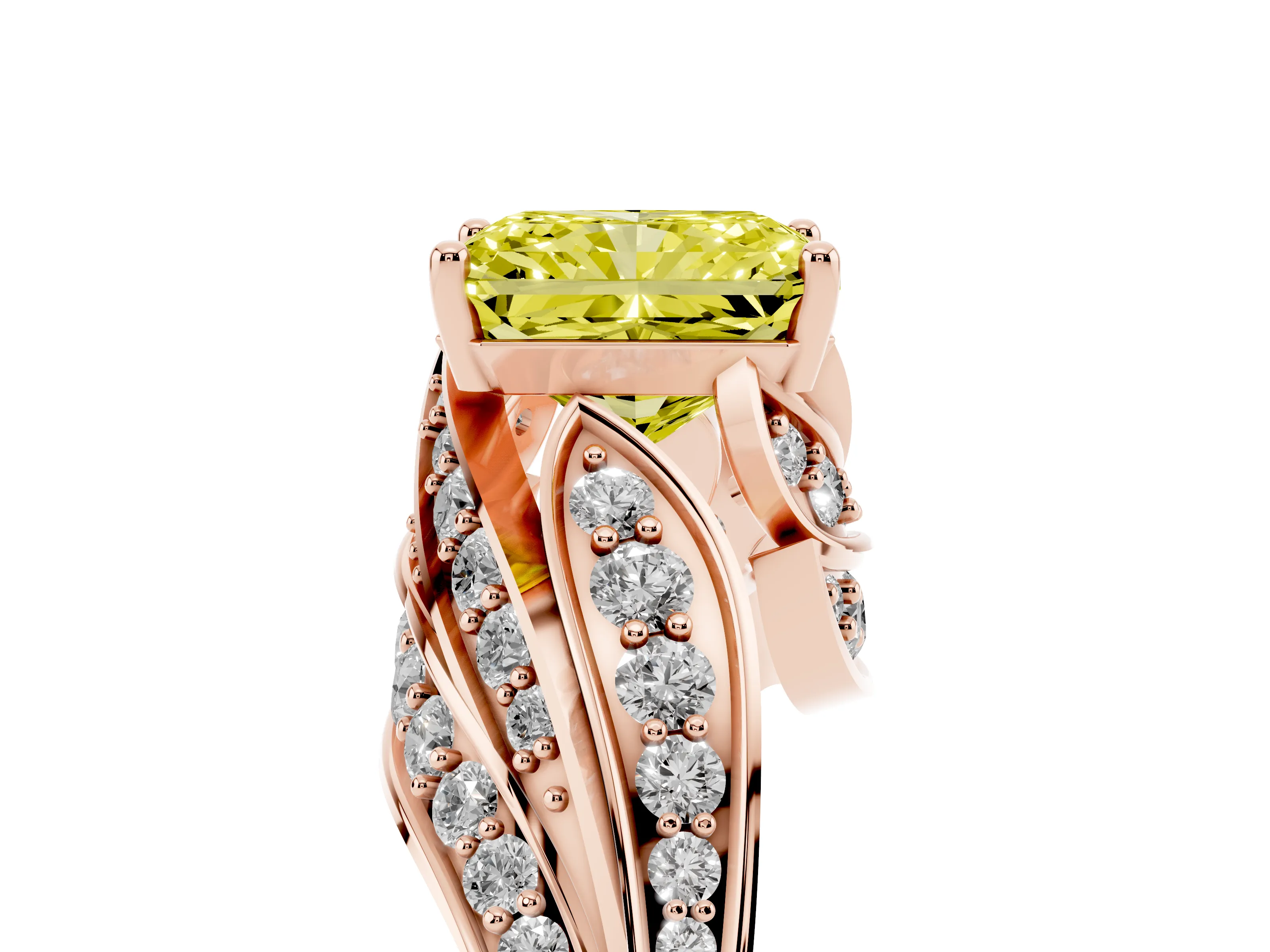 Fancy Yellow Radiant Cut Diamond Solitaire Ring Set in Rose gold with Layered Twist Pavé Band