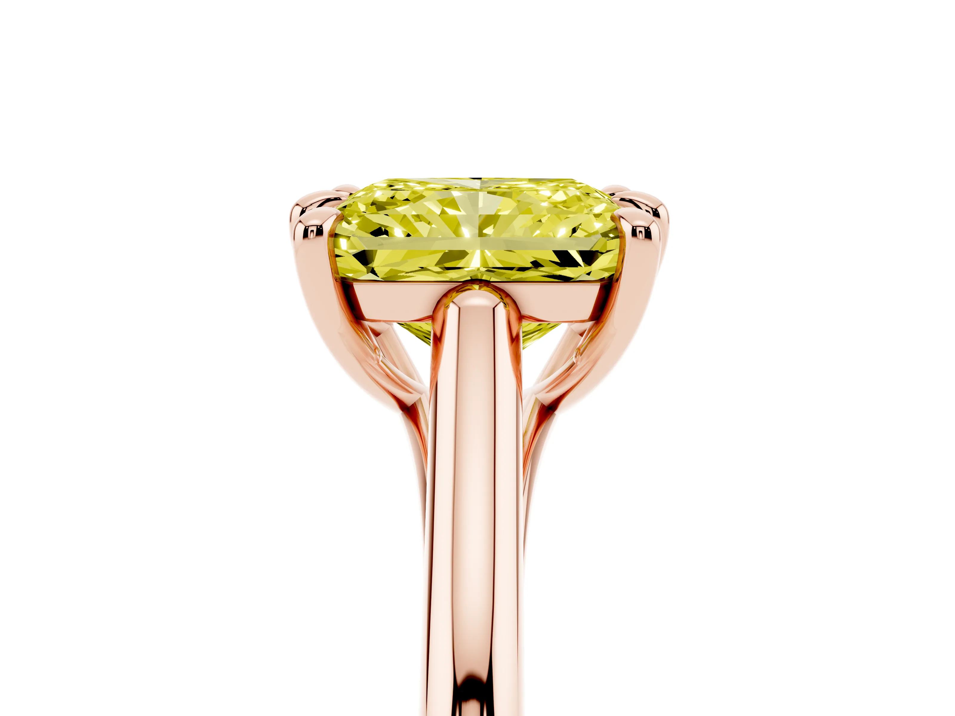 Fancy Yellow Radiant Cut Diamond Solitaire Engagement Ring Set in Rose gold with Prong Setting and Plain Classic Band