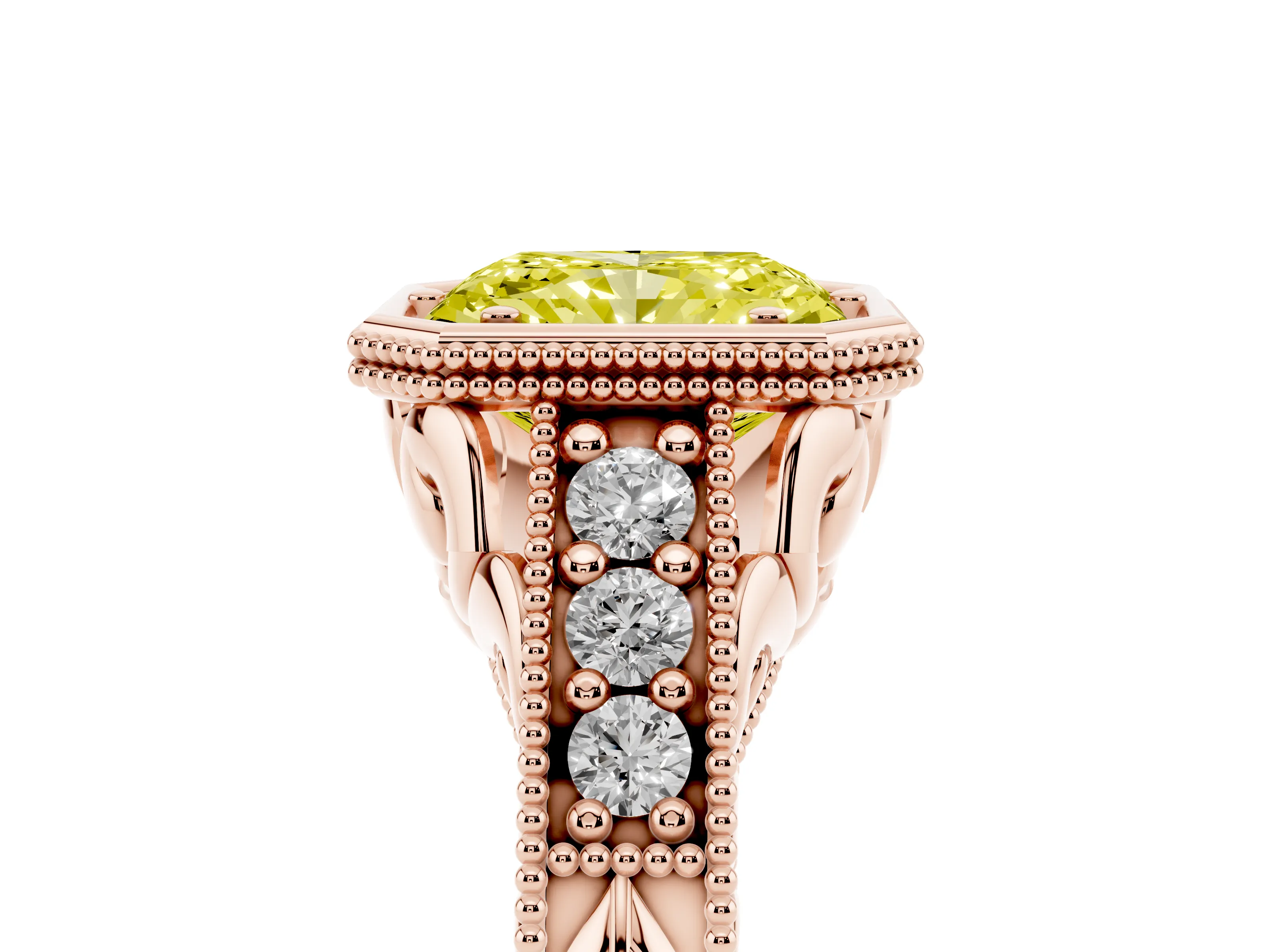 Fancy Yellow Bezel Set Radiant Cut Diamond Milgrain Pavé Engagement Ring Set in Rose gold
