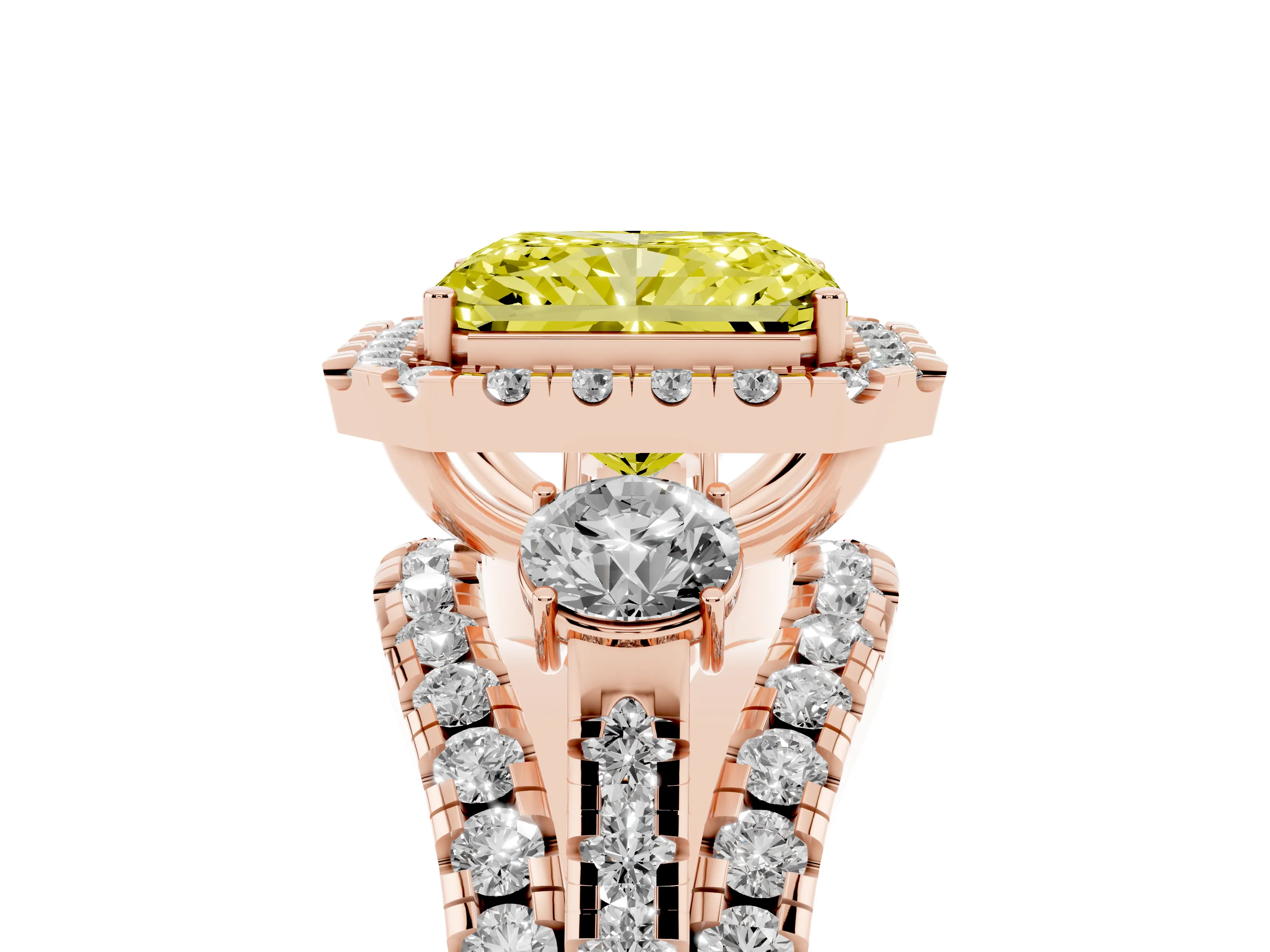 Fancy Yellow Radiant Cut Diamond Halo Split Shank Ring Set in Rose gold with Round Accent Stones and Prong Setting