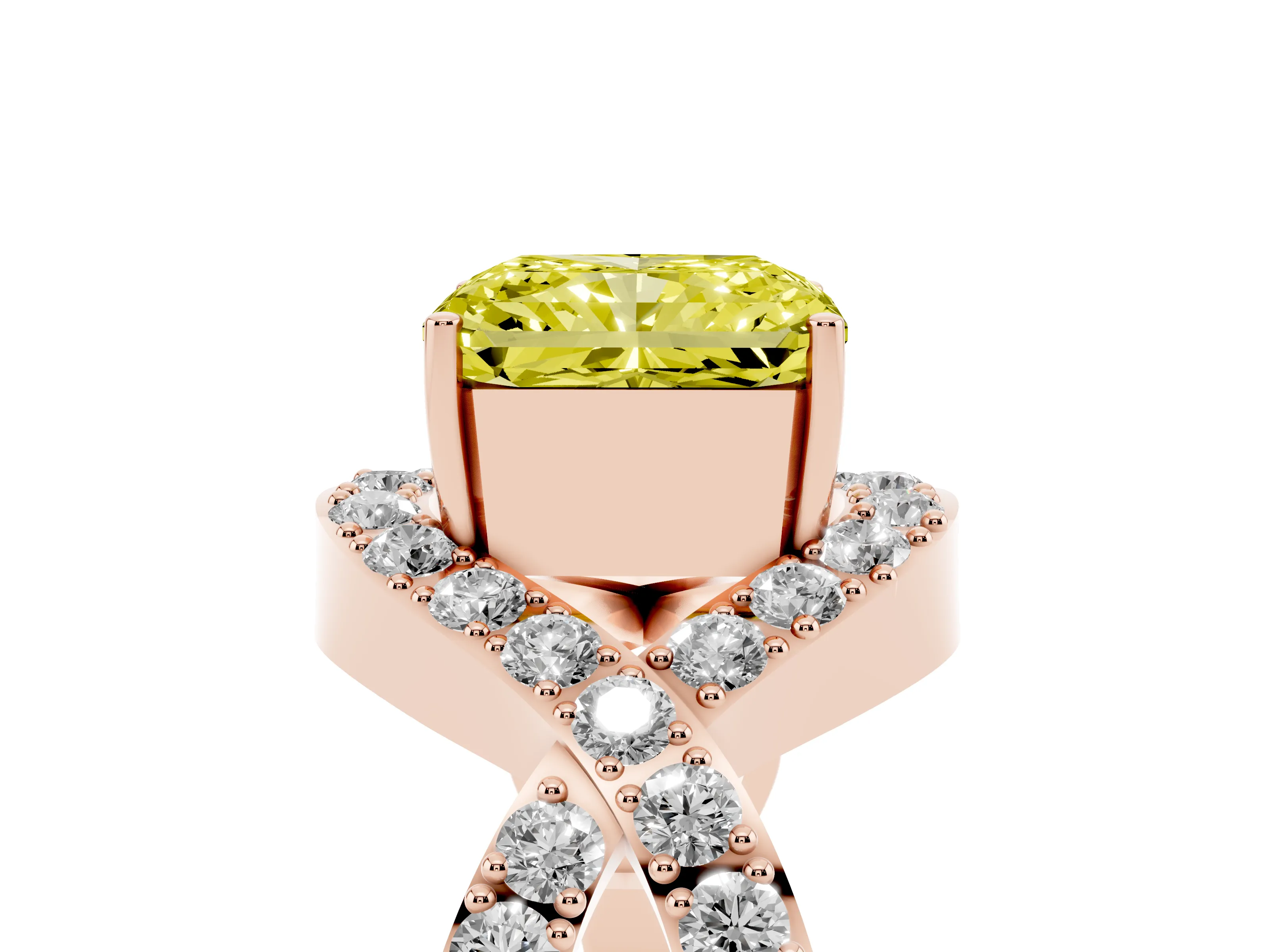 Fancy Yellow Radiant Cut Diamond Solitaire Twist Band Pavé Engagement Ring Set in Rose gold